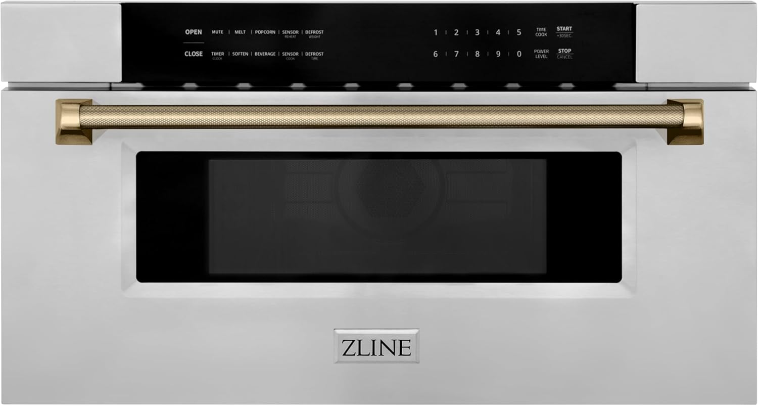 ZLINE Autograph Edition 30 in. 1.2 cu. ft. Built-in Microwave Drawer in Stainless Steel and Champagne Bronze Helix Handle (MWDZ-30-KCB)