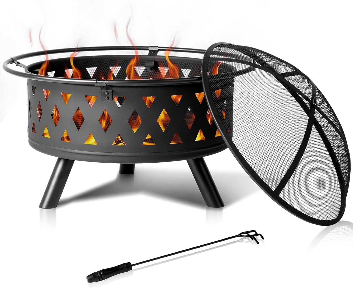 32in Fire Pits, Outdoor Wood Burning Firepits Outdoor Fireplace with Mesh Screen Lid& Poker for Camping, Backyard, BBQ, Garden, Bonfire