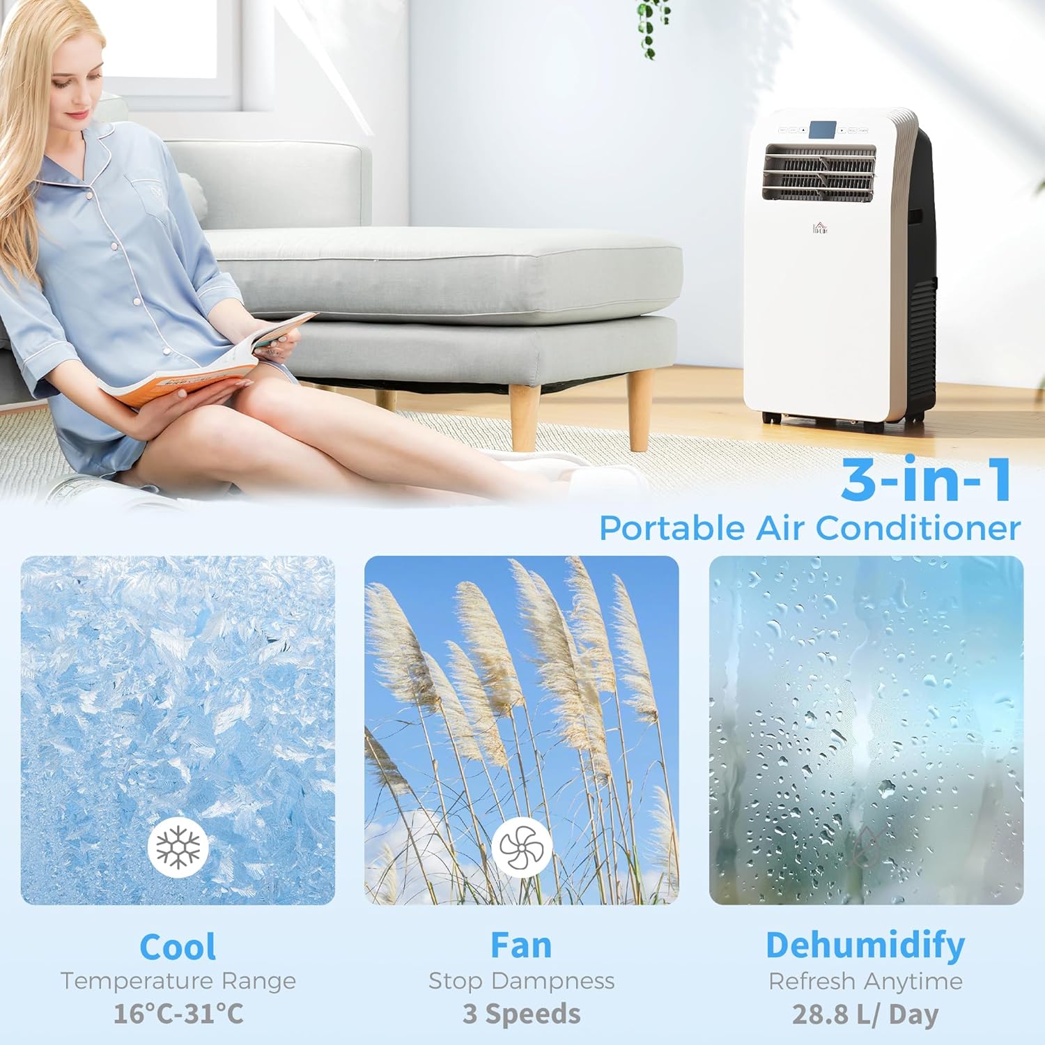 HOMCOM 11500 BTU Portable Air Conditioner with Dehumidifier & Cooling Fan, for Rooms Up To 550 Sq. Ft., Portable AC Unit with Remote Control & Window Kit, 24 Hour Timer, White
