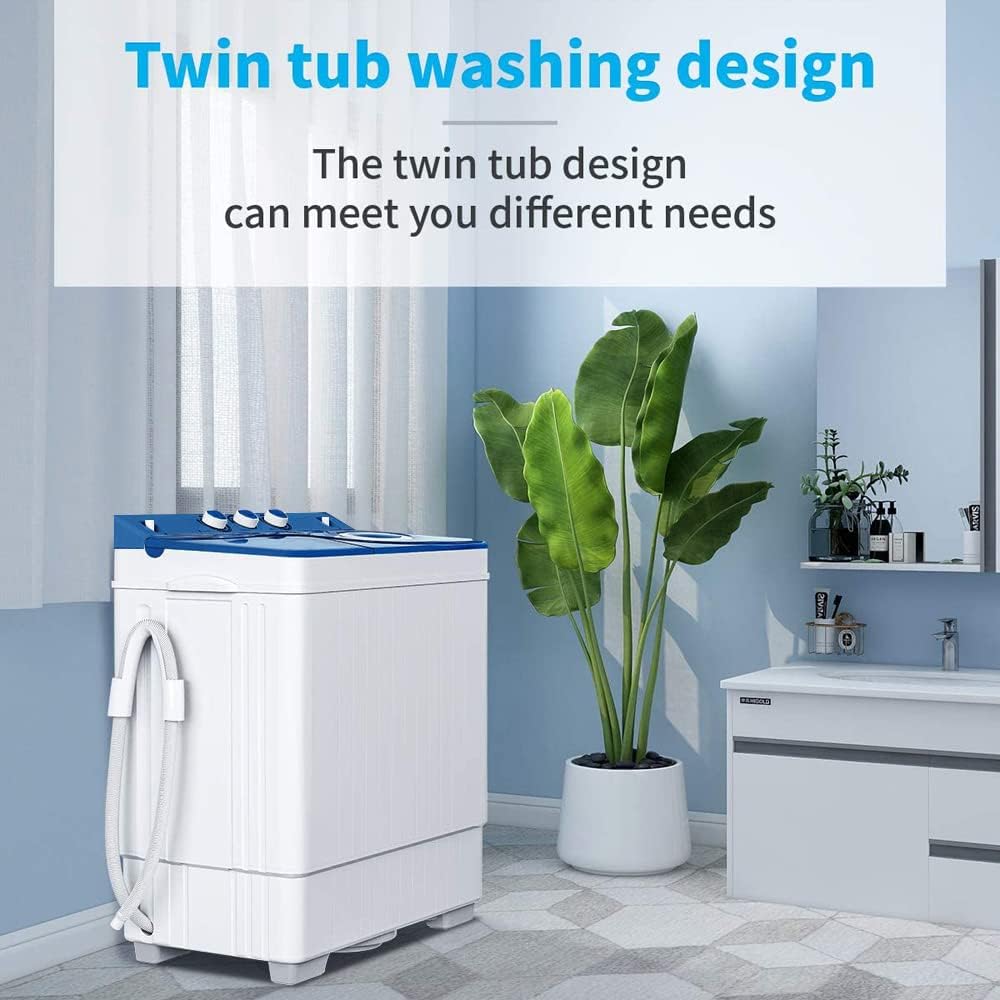 26LBS Portable Washing Machine, Washer(18Lbs) and Spinner(8Lbs), Mini Compact Twin Tub Washer and Dryer Combo with Pump Draining, Great for Dorms Apartments RV Camping (White & Blue)