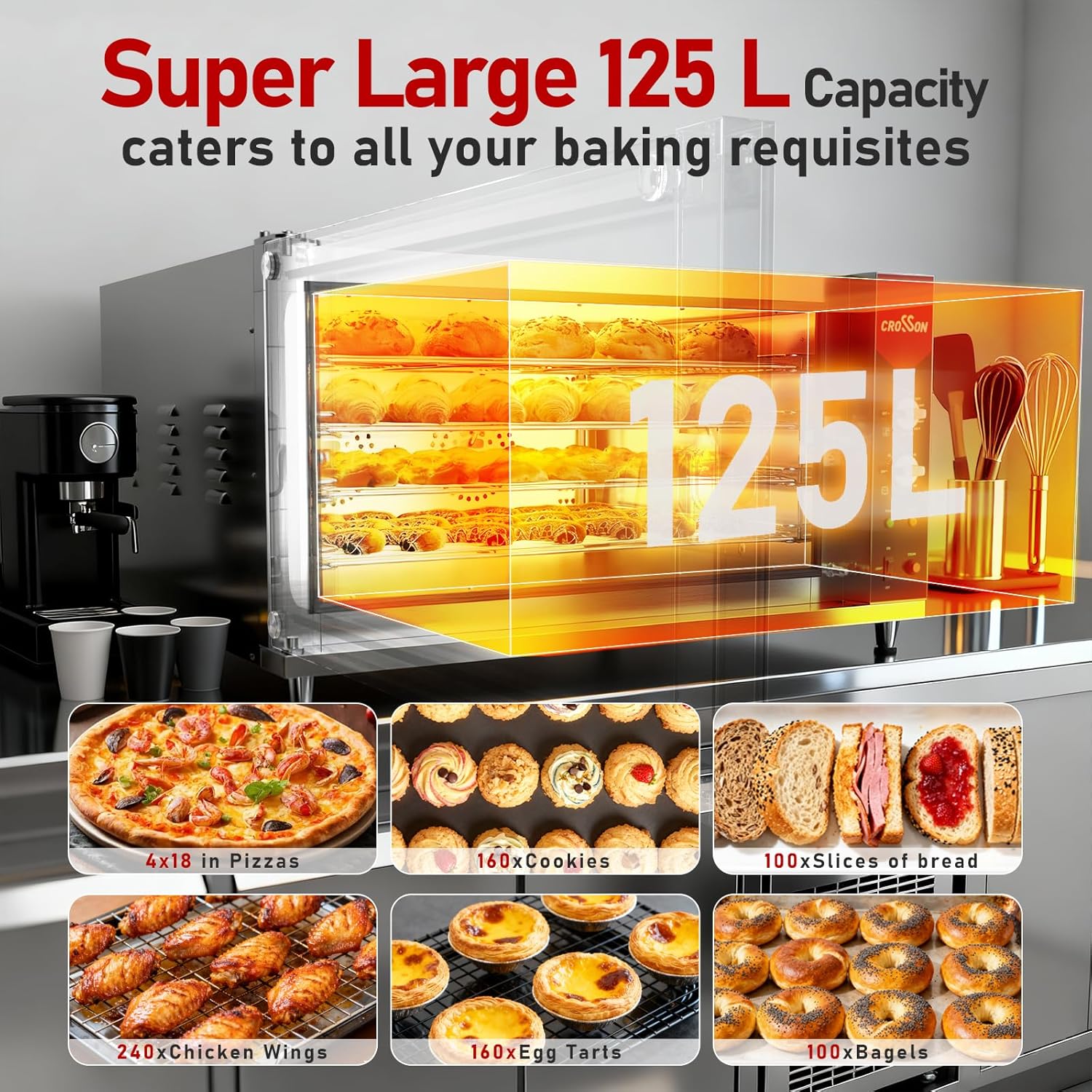 CROSSON Commercial Convection Oven Full Size 125L/4.4 cu.ft.,240V/4500W Conventional Oven Countertop 4-Tier Commercial Toaster oven w/Front Glass Door, w/Trays Wire for Restaurant Bakery