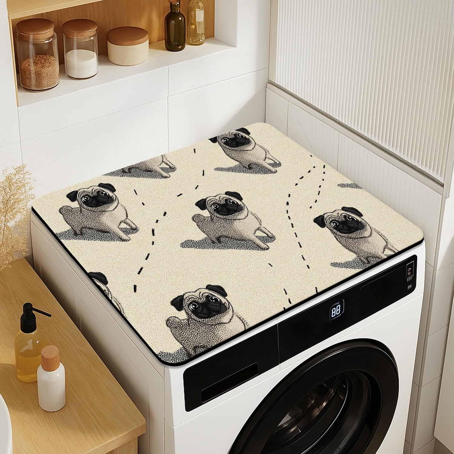Pug Washer Dryer Top Protector Mat, Vintage Style Pug Pattern Laundry Machine Dust Covers, Playful Dog Decorative Rubber Anti-slip Waterproof Washer And Dryer Mats for Home 20x24 Inch