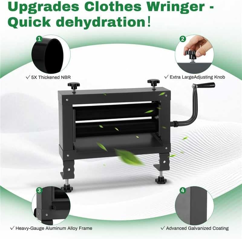 Upgraded Clothes Wringer，Double Adjustment Knobs-Heavy Duty Off-Grid Laundry Wringer for Towels，5X Thicker Rubber Rollers Remove 95% Water, Suitable for Use in Laundry, RV Travel, Car Washing.