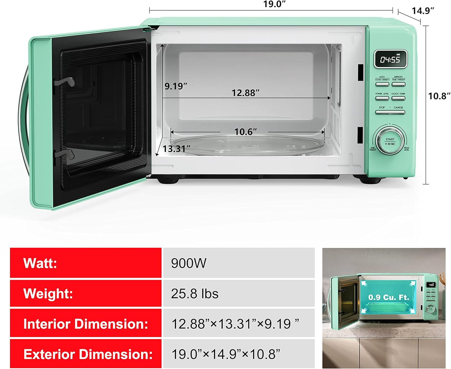 Galanz GLCMKZ09GNR09 Retro Countertop Microwave Oven with Auto Cook & Reheat, Defrost, Quick Start Functions, Easy Clean with Glass Turntable, Pull Handle.9 cu ft, Green