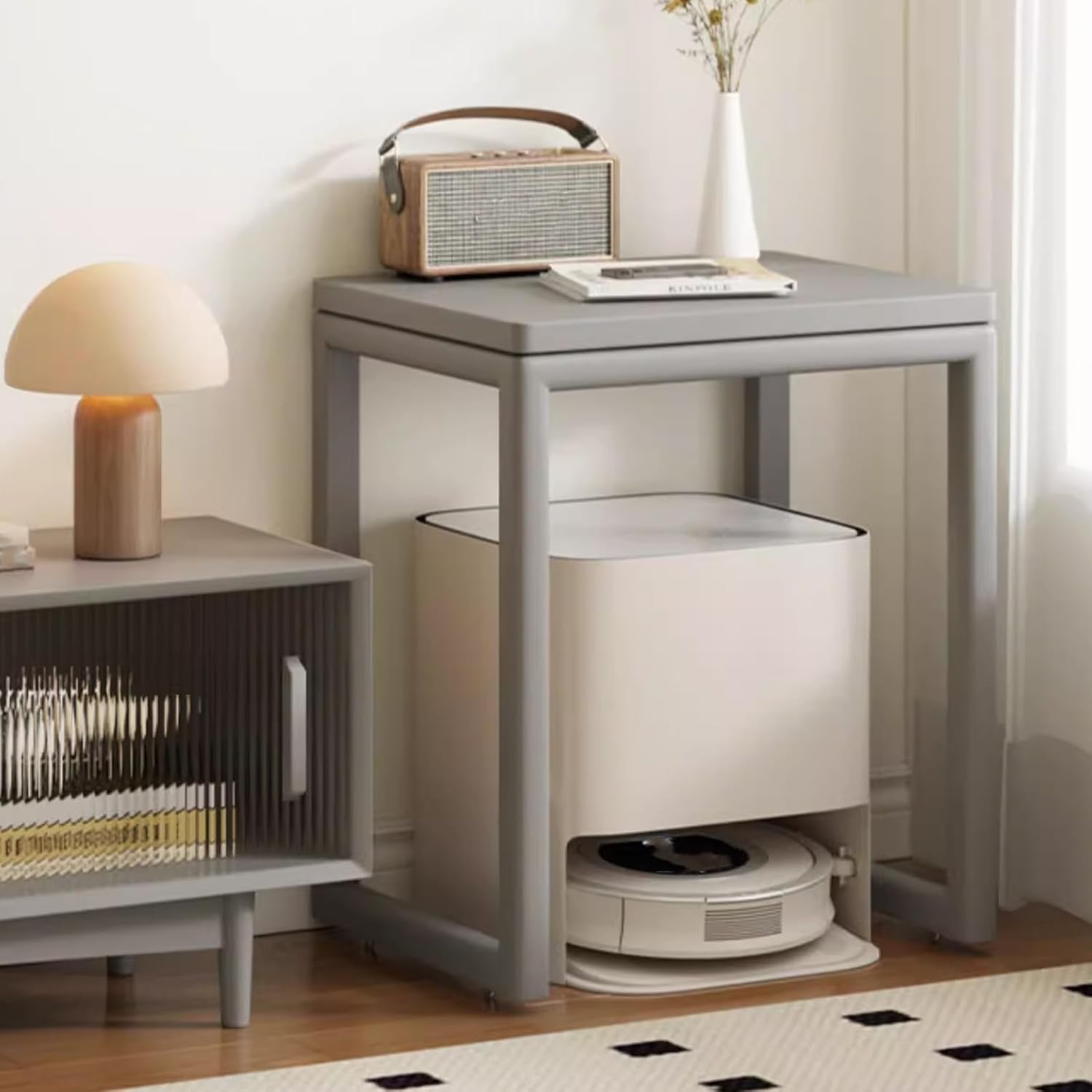 Small Side Tables Living Room Small Space, Small Storage Cabinet with Wheels Robot Vacuum Storage Side Table Multi-Functional Fish Tank Stand for Living Room(Natural)