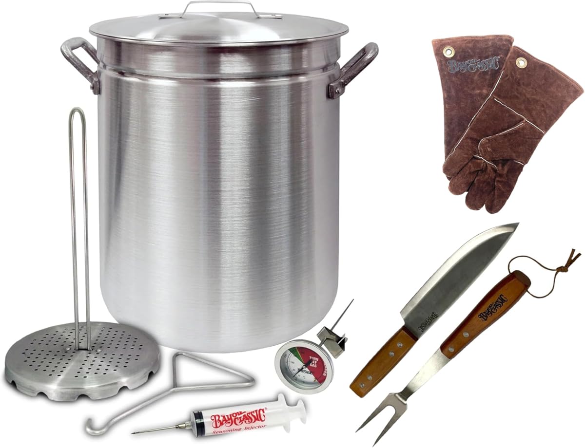 Turkey Fryer 42 Quart Grand Gobbler Aluminum Oversized Stockpot Poultry Rack Hook Thermometer Injector Fork Knife Pair of Fry Gloves Perfect For Large to X Large Turkeys