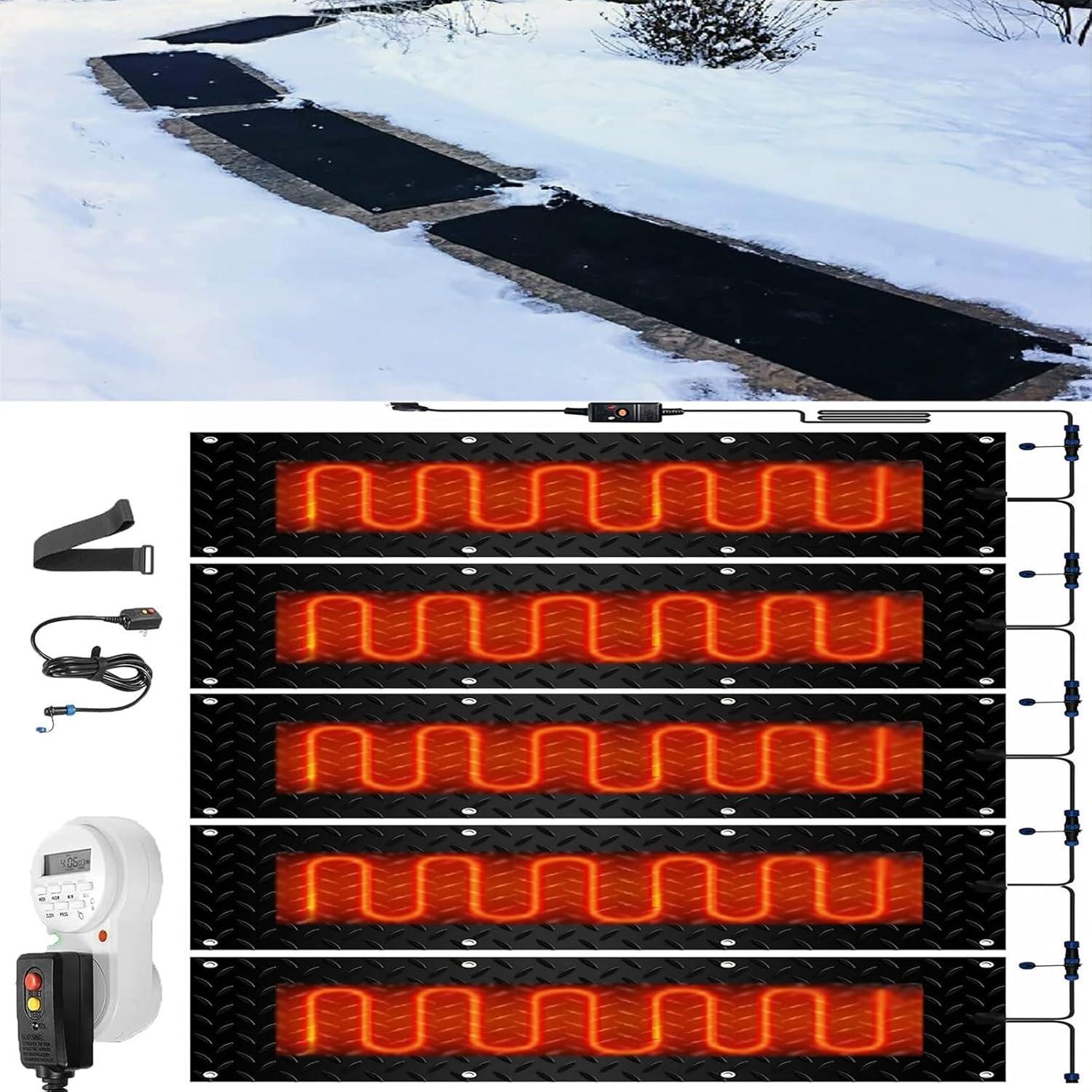 Outdoor Heated mat with Timer, 1/2/3/4/5 Pcs Walkway Snow Melting mats,Outdoor Stairs- Non-Slip Winter Removal and Ice Melt Products -Heating Entrance Three Pieces(5 Pcs,12x36in/(30x90cm))