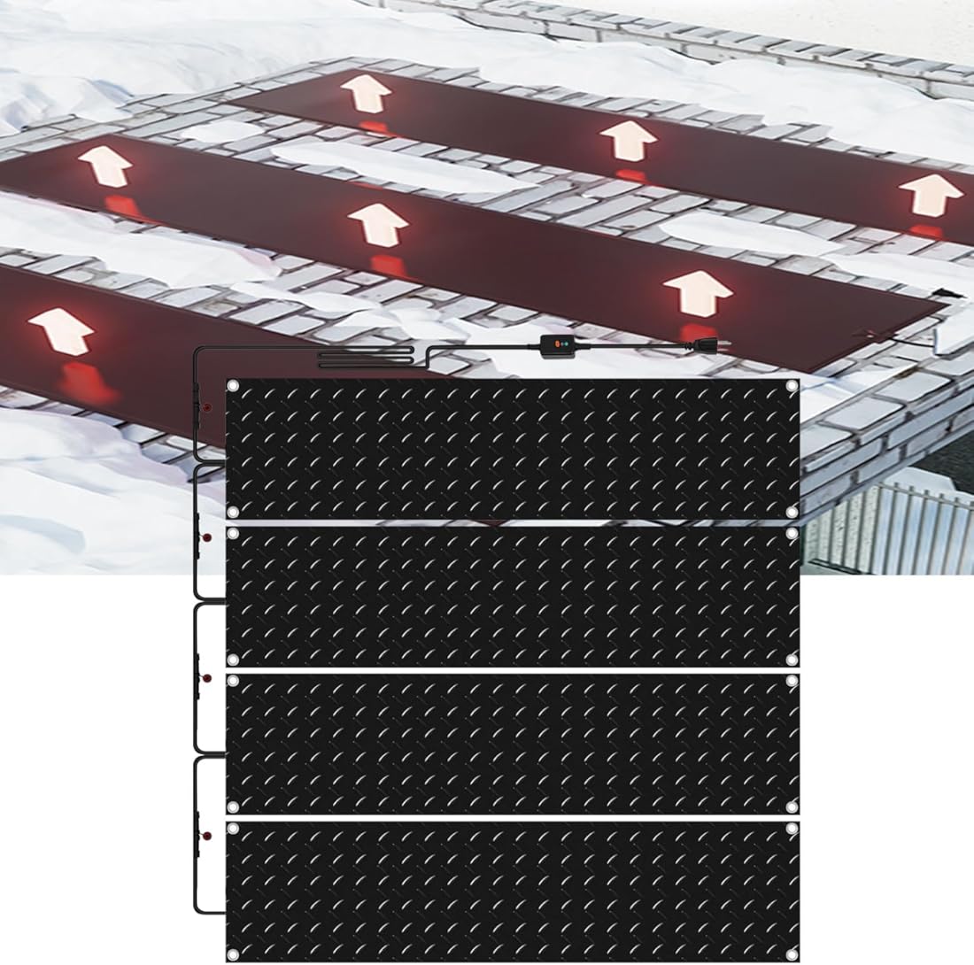 Outdoor Heated Snow Melting Mats for Walkways, Stairs, Sidewalks, Rubber Ice Melting Mats, Roof Valley Snow Melting Heater, Ice Dam Prevention Heating Mats, 3In/Hour Melting Speed(4 Pcs,10IN x 30IN)