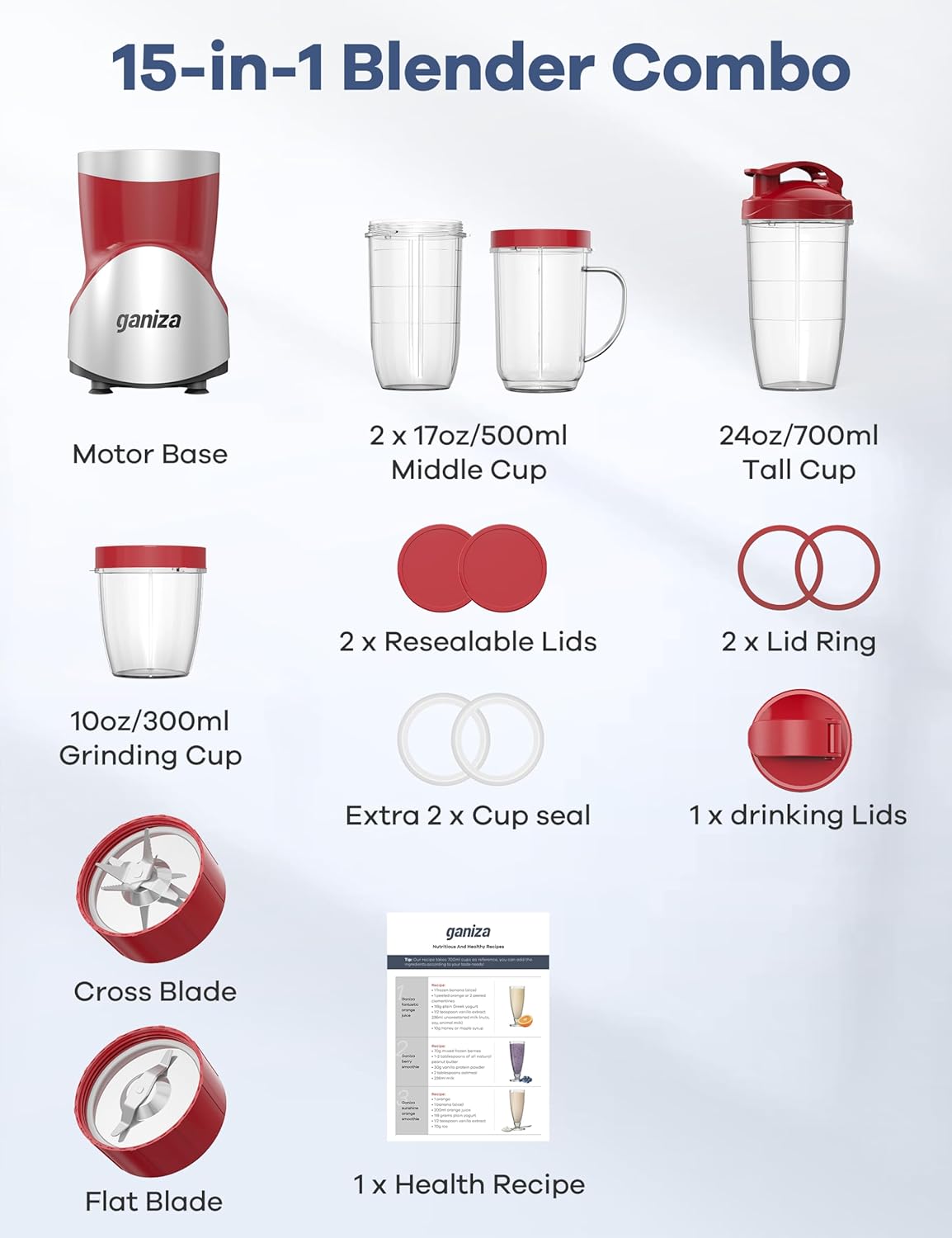 Ganiza 900W Blenders for Shakes and Smoothies, 15-Piece Personal Blender and Grinder Combo for Kitchen, Smoothies Maker with 4 BPA-Free Portable Cup, Nutritious Recipe Red