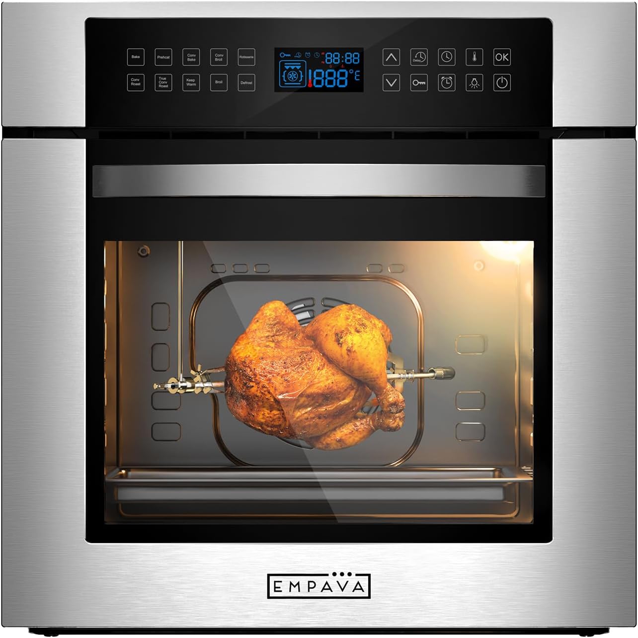 Empava 24 Inch Electric Single Wall Oven with 10 Cooking Modes, Convection Fan and Rotisserie, Screen Touch Control, Stainless Steel