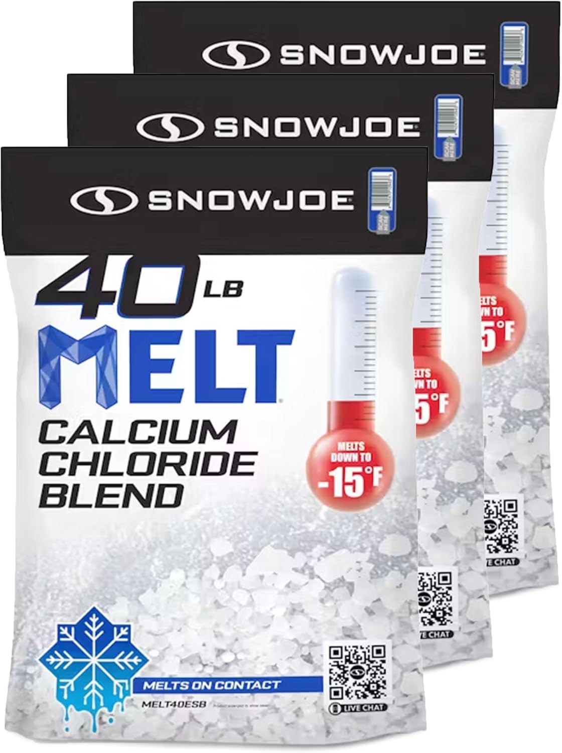 Snow Joe 3 Pack Calcium Chloride Blend Snow & Ice Melt Fast-Acting Pellet-Form Deicer, 40 lb - Pet-Friendly Melter for Driveways, Roofs, Sidewalks & Stairs, Non-Tracking & Easy-Pour Pellets, MELT40ESB