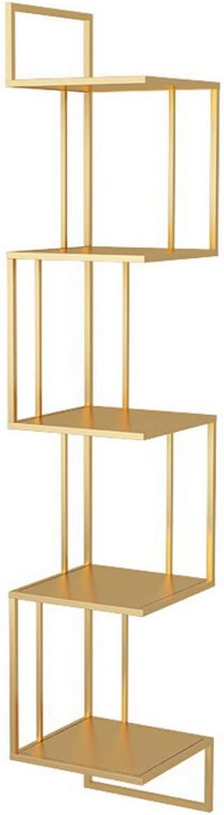 Wall-Mounted Bookshelf Multi-Purpose Corner Metal Bookshelves Household Triangular Shelf 5-Layer Book and Newspaper Storage Rack Open Display Shelves (Gold)