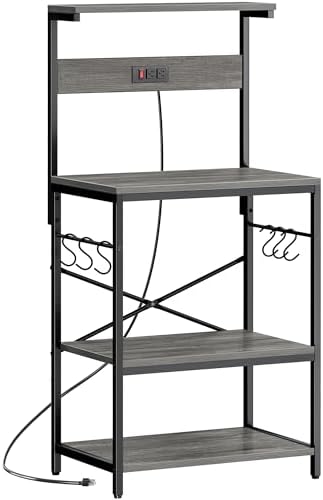 SUPERJARE Kitchen Bakers Rack with Power Outlet, Coffee Bar Table 4 Tiers, Kitchen Microwave Stand with 6 S-Shaped Hooks, Storage Shelf Rack for Spices, Pots and Pans - Charcoal Gray
