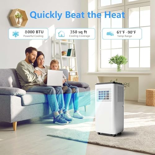 8000 BTU Portable Air Conditioner, 3-In-1 Cool, Fan, Dehumidify Modes, Cools up to 350 sq.ft, Quiet AC Unit with LED Display, with Remote Control, 24 Hour Timer for Room, Dorm, Office
