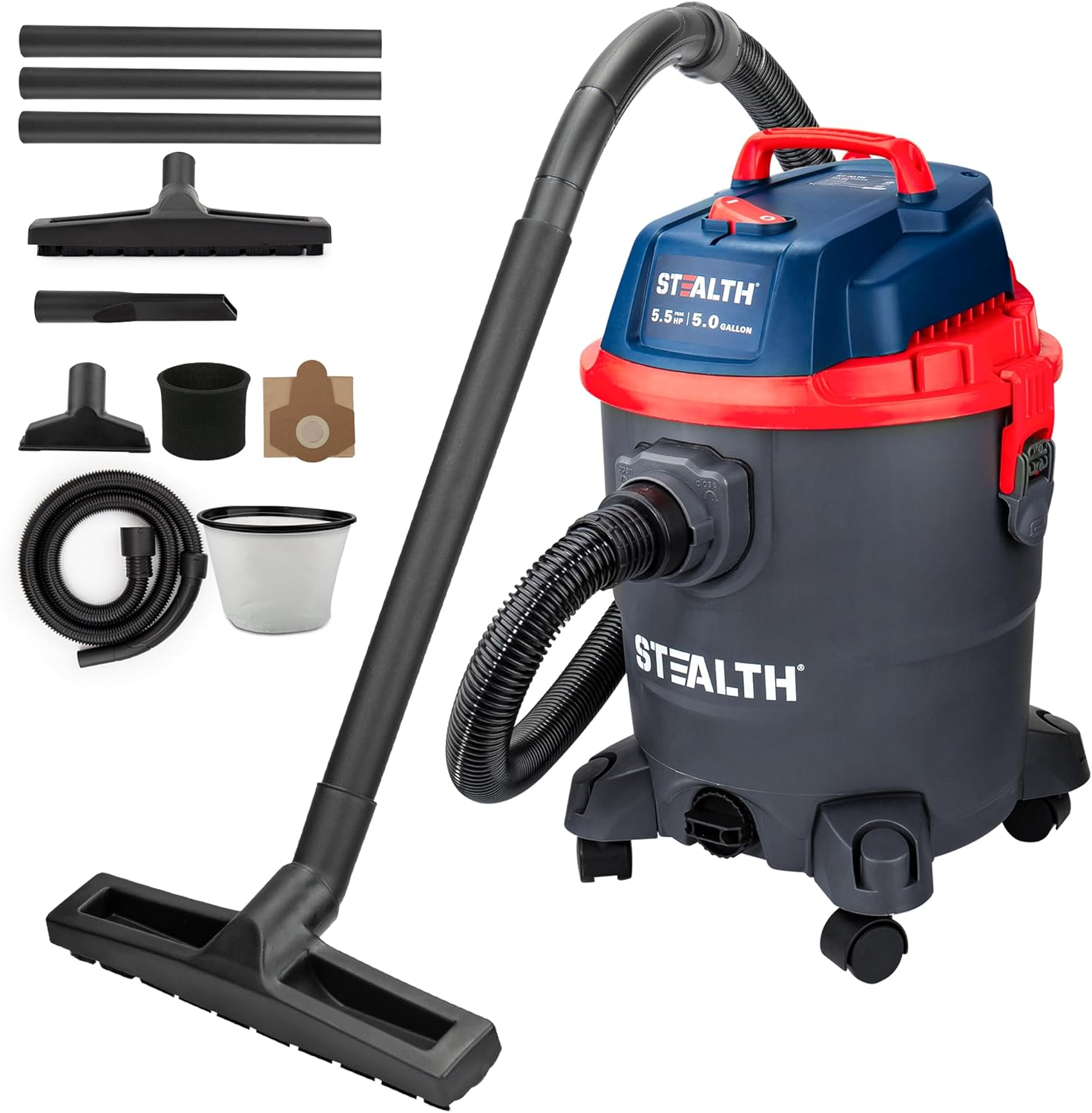Stealth Wet/Dry Vacuum 5 Gallon, 5.5 Peak HP Shop Vacuum with Blower & Drain Port for Home Clean, Garage Clean, Car Detailing, Workshop, ECV05P2 Small Shop Vac