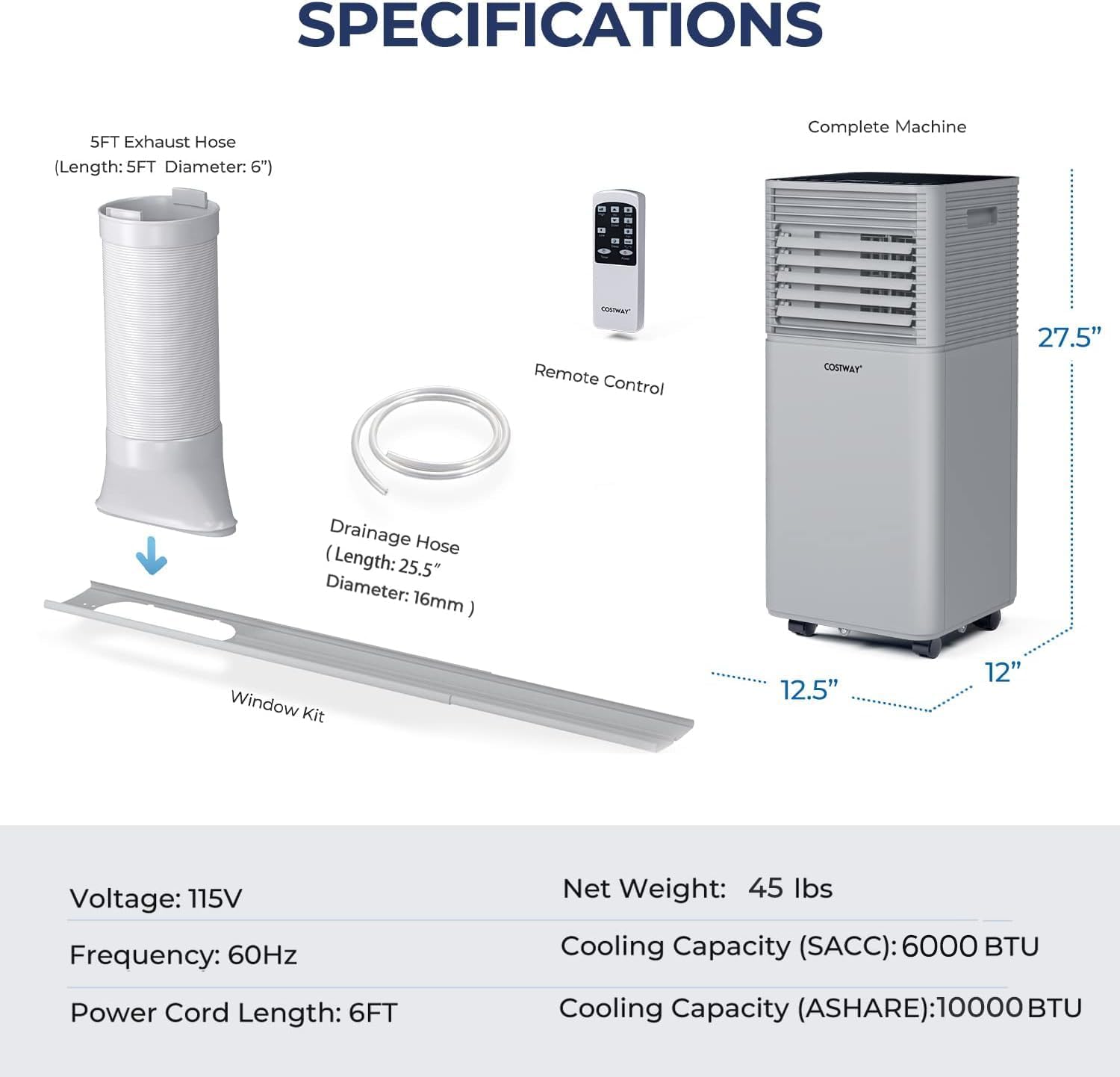 COSTWAY Portable Air Conditioners, 10000BTU Spaces up to 350sq.ft, with Remote Control, 24H Timer & Window Venting Kit, Multi-function AC Unit with Sleep Mode, for Bedroom, Living Room(10000BTU, Grey)