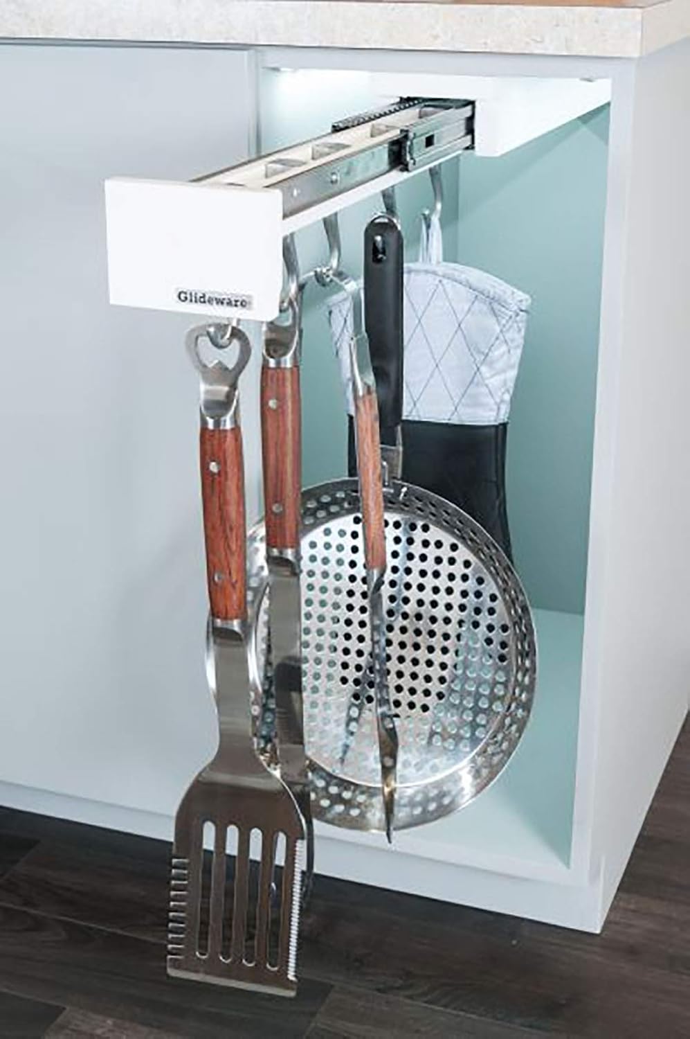 Wood Technology Glideware BBQ Grill Organizer for Accessories, Tools & Pans. Stainless Steel Slides, Weather Resistant, White