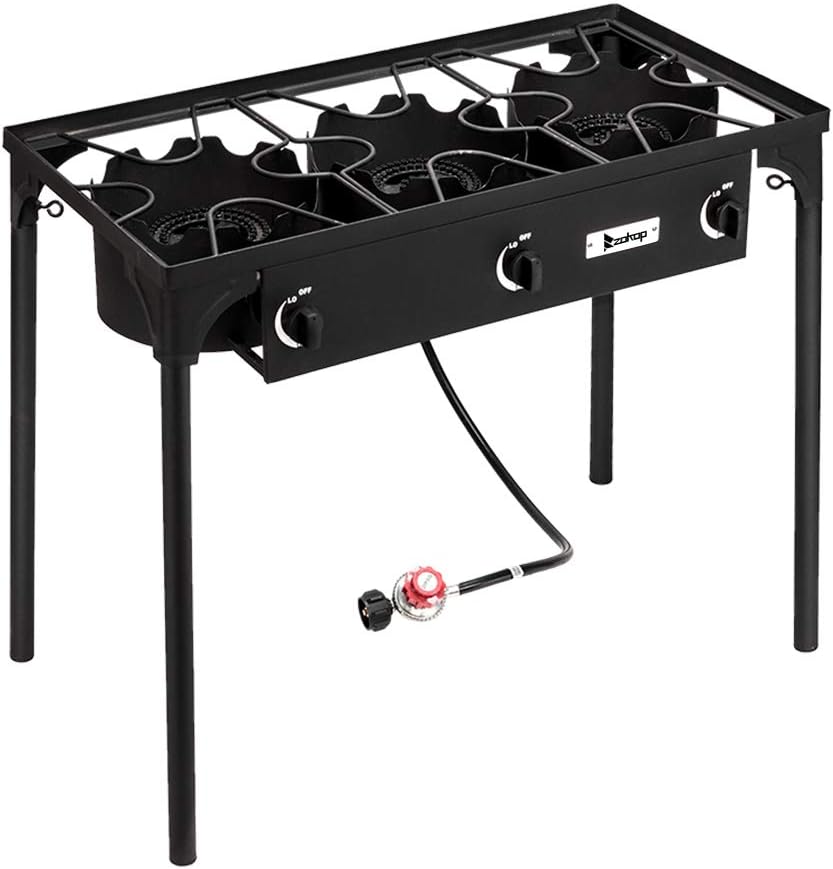 Portable Cast Iron Patio Cooking Burner Outdoor Camp Stove High Pressure Propane Gas Cooker, Propane Grills with Three Burner