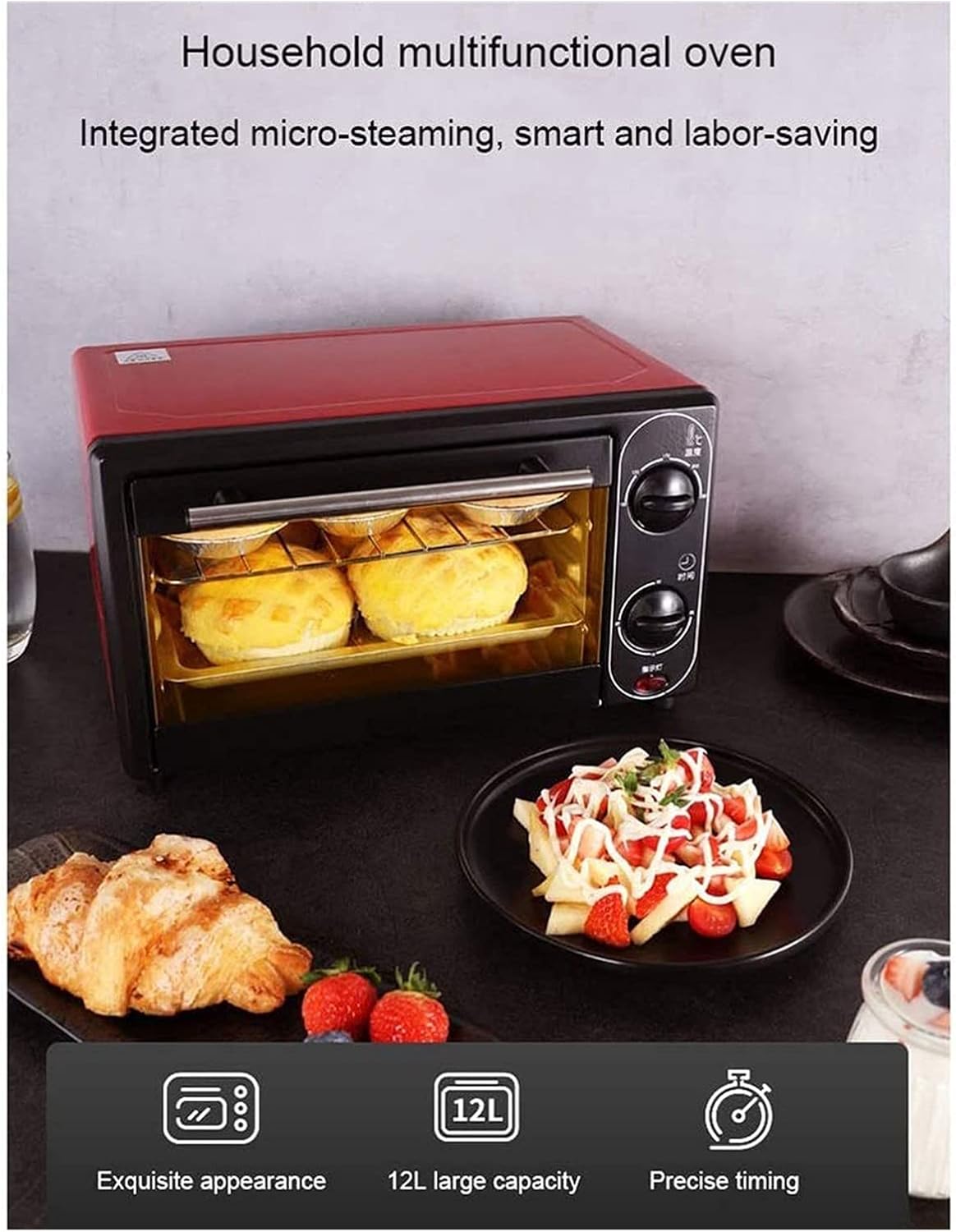 Convection Toaster Oven Cooker, Rotisserie + Electric Air Fryer with Non-stick Fry Basket, Baking Pan & Rack, Skewers, Drip Tray 12L