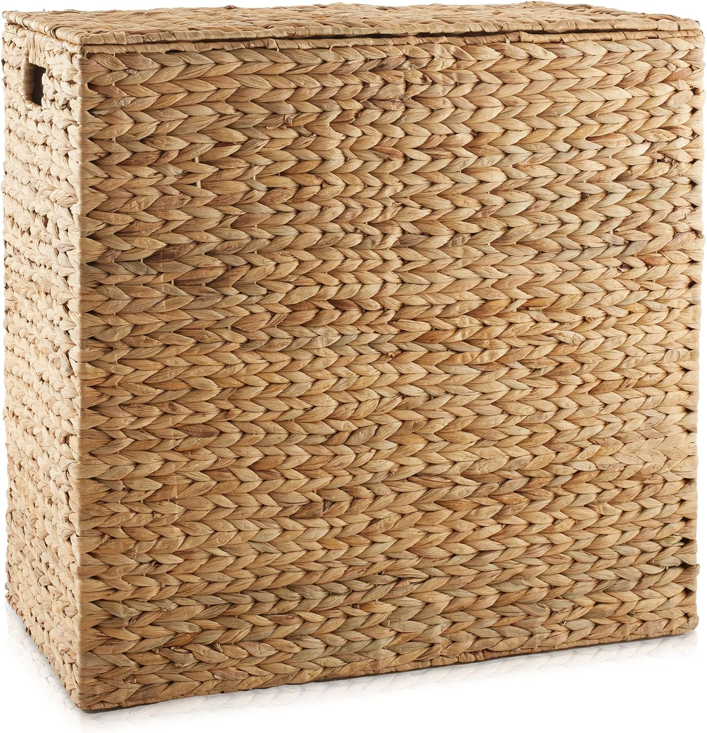 Casafield 2-Section Laundry Hamper with Removable Liner Bags - Natural, Woven Water Hyacinth Double Laundry Basket Sorter for Clothes and Towels