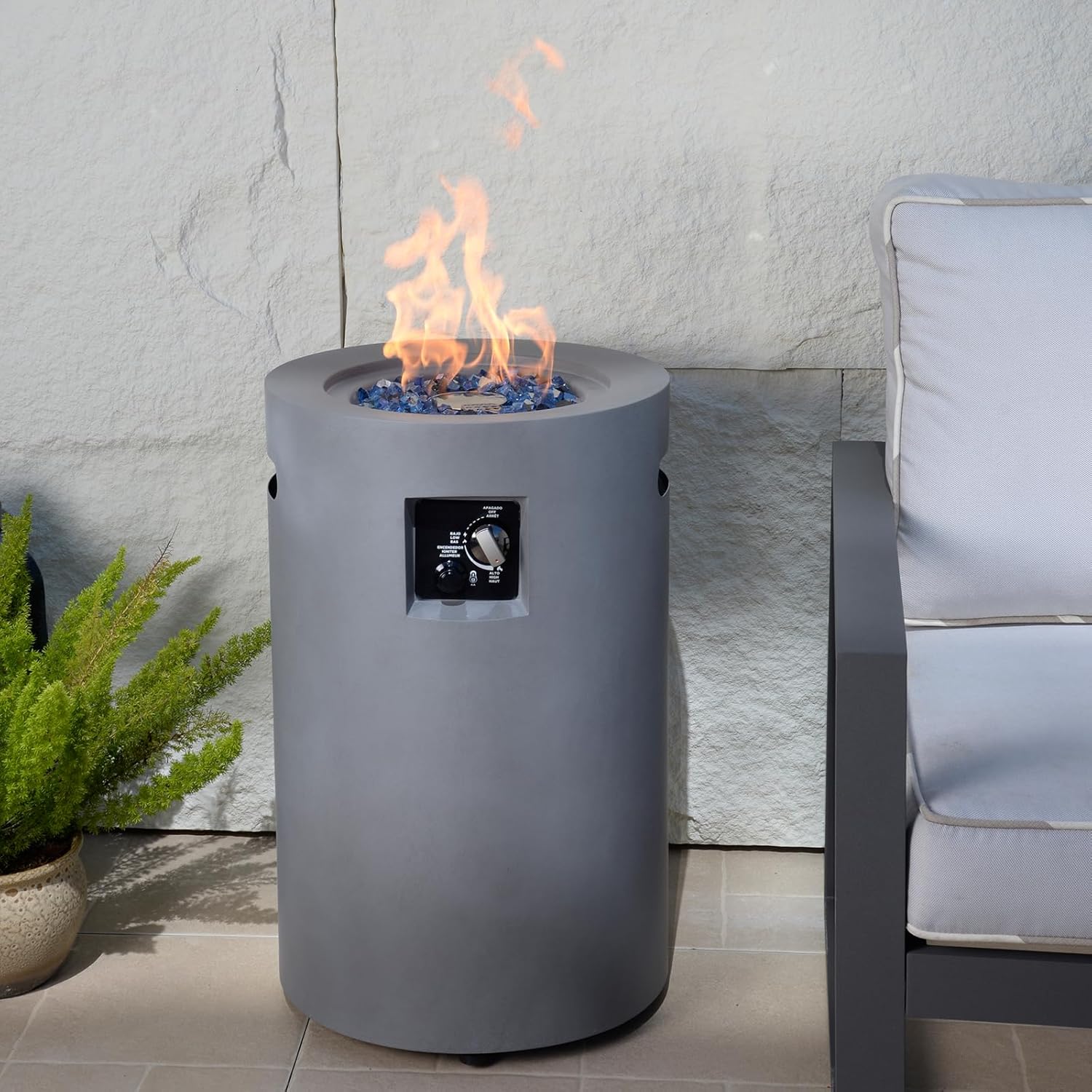 17 inch Propane Fire Column, 50,000 BTU Outside Gas Fire Pit with Glass Wind Guard, Glass Stone for Outside Patio, Garden, Backyard