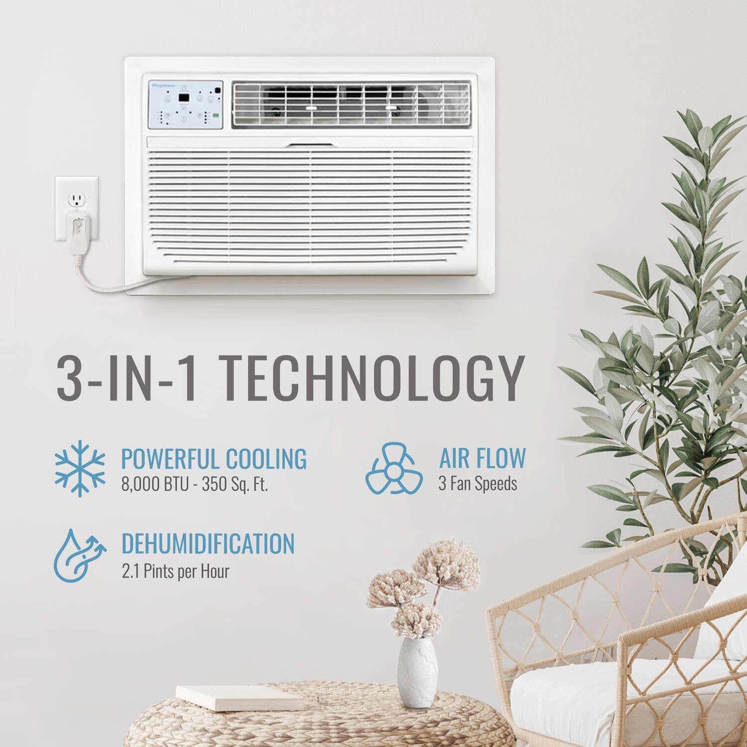 Keystone 8,000 BTU Wall Mounted Air Conditioner and Dehumidifier, 115V, Wall Unit for Bedroom, Bathroom, Small-Medium Sized Rooms up to 350 Sq.Ft., Quiet, High Efficiency Wall Mounted AC Unit, White