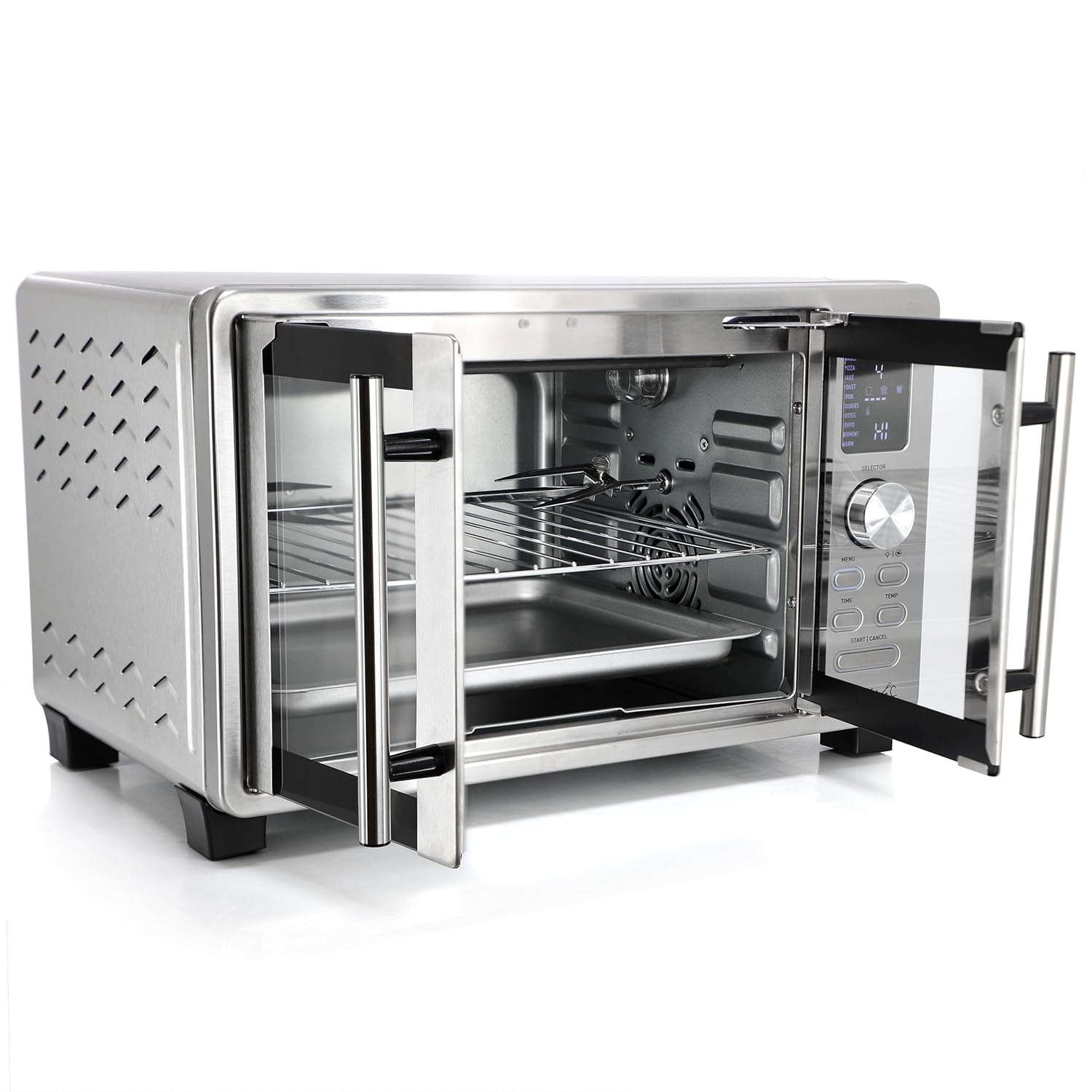 MegaChef 25 Liter Digital Electric French Door Multi-Function Counter Top Oven with Rotisserie Set & Toast, Bagel, Pizza, Bake, Roast, Broil, Cookies, Rotisserie, Dehydrate, Ferment, Warm Functions