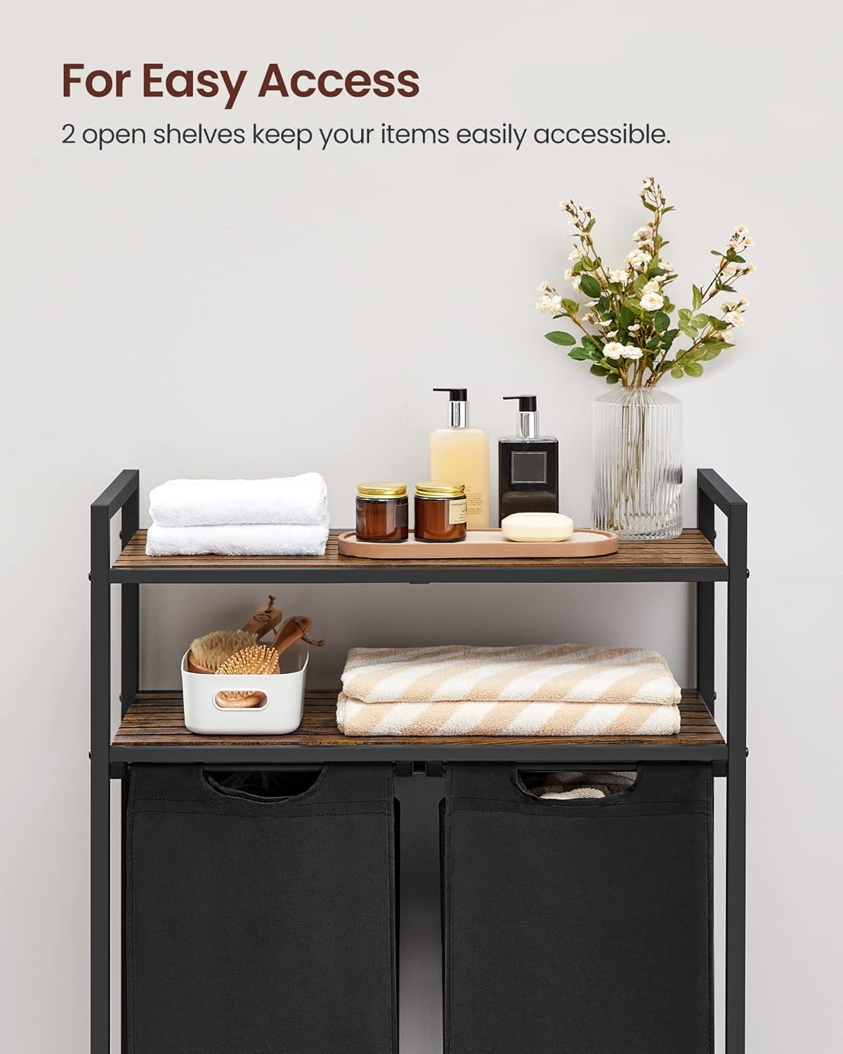 VASAGLE Laundry Hamper, Laundry Basket, Laundry Sorter with 2 Pull-Out and Removable Bags, 2 Shelves, 12.1 Gal (46L) Capacity per Bag, for Laundry Room, Rustic Brown and Black UBLH211B01