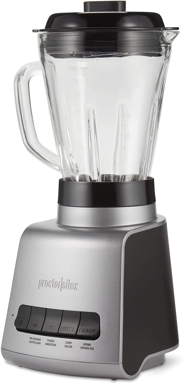 Proctor Silex PowerHouse 950 Watts Blender for Shakes and Smoothies, 52 oz. BPA Free MultiBlend Glass Jar, Black & Silver (53560)