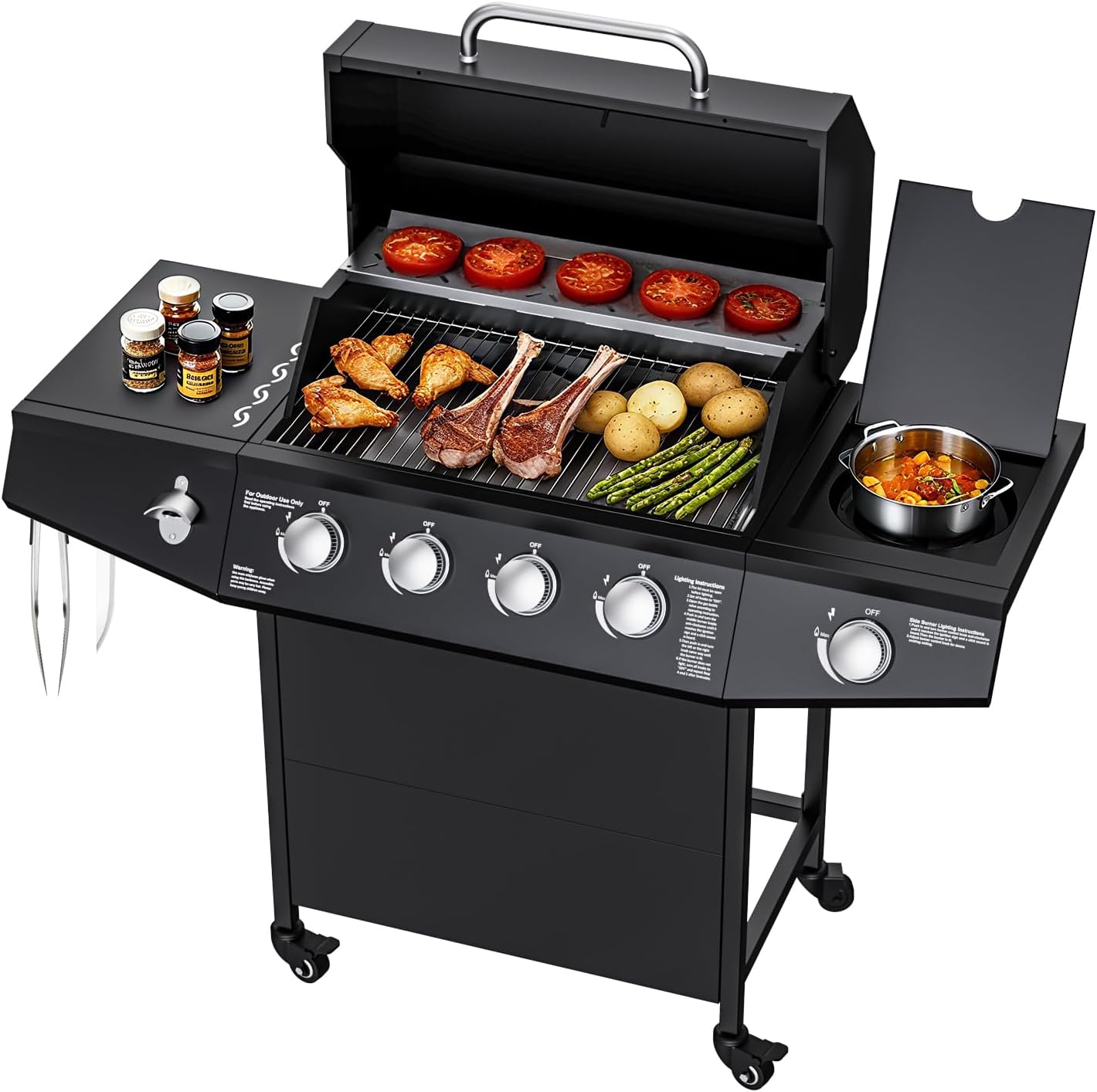 4+1 Burner Gas Grill，50,000 BTU Outdoor BBQ Grill with Side Table for Outdoor Cooking & Backyard Barbecue