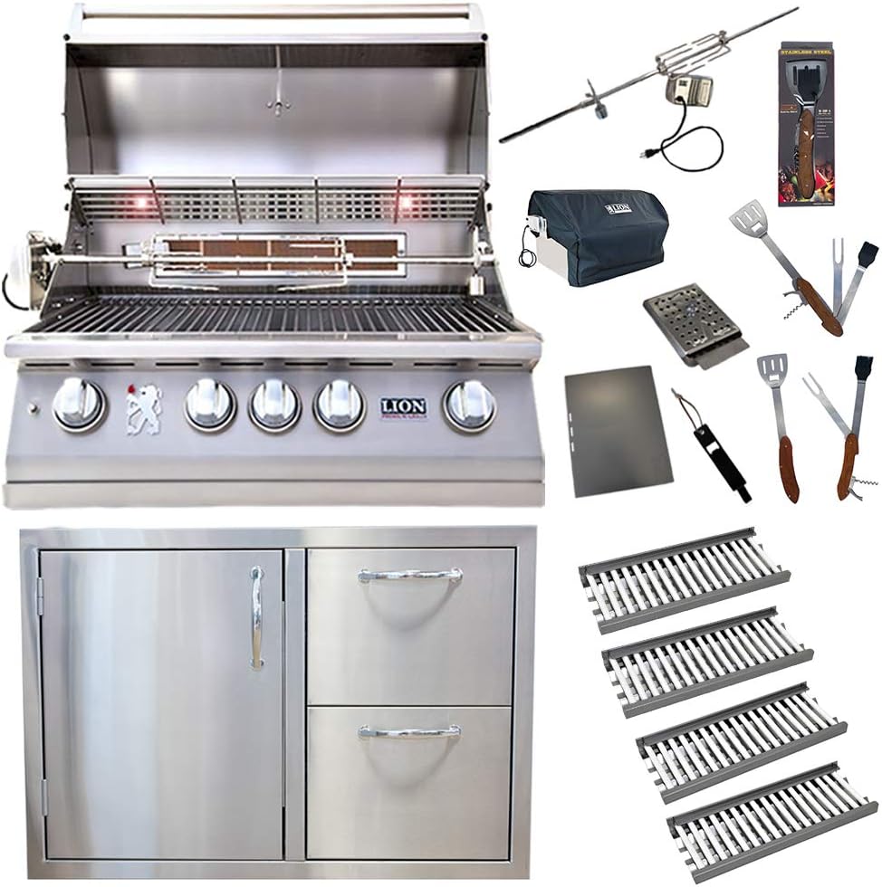 Lion Premium Grills 32-Inch Propane Grill L75000 with 4 x Ceramic Tubes w/ Flame Tray and Made in USA Left Hinge Door/Drawer Como Unit and 5 in 1 BBQ Tool Set Best of Backyard Gourmet Package Deal