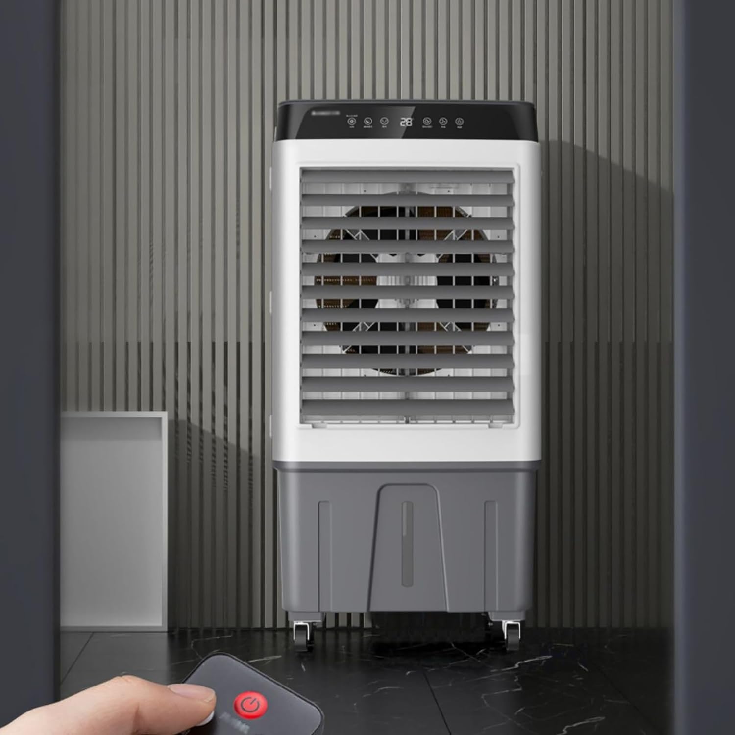 Powerful Swamp Cooler, Portable Air Conditioners, Indoor Evaporative Air Cooler, Swing Mode, Remote Included, 4 Caster Wheels