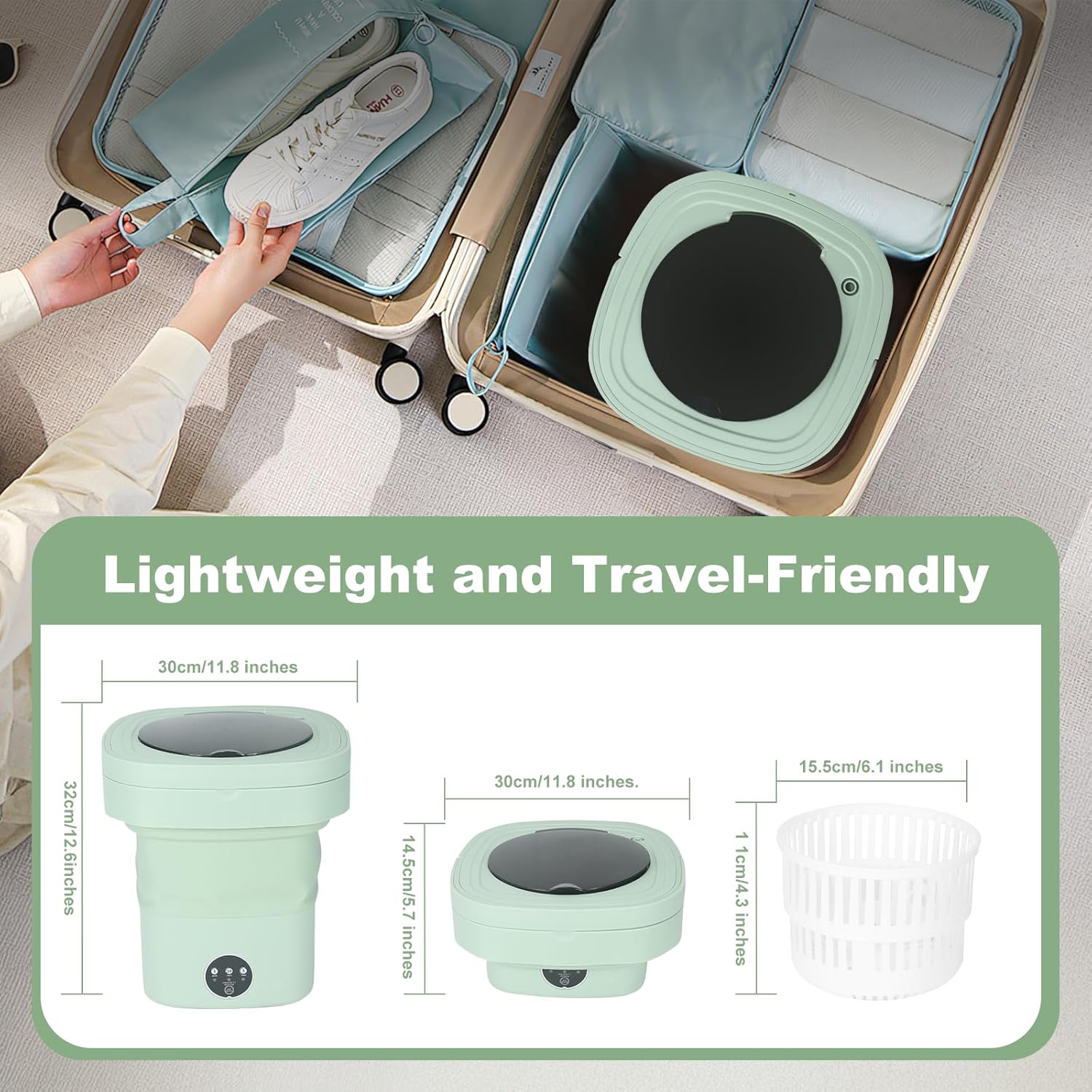 Mini Portable Washing Machine, 9L Foldable Washer with 3 Modes, Ideal for Baby Clothes, Underwear, Socks, Space-Saving Design for Home, Apartment, Hotel, Camping & Travel (Green)
