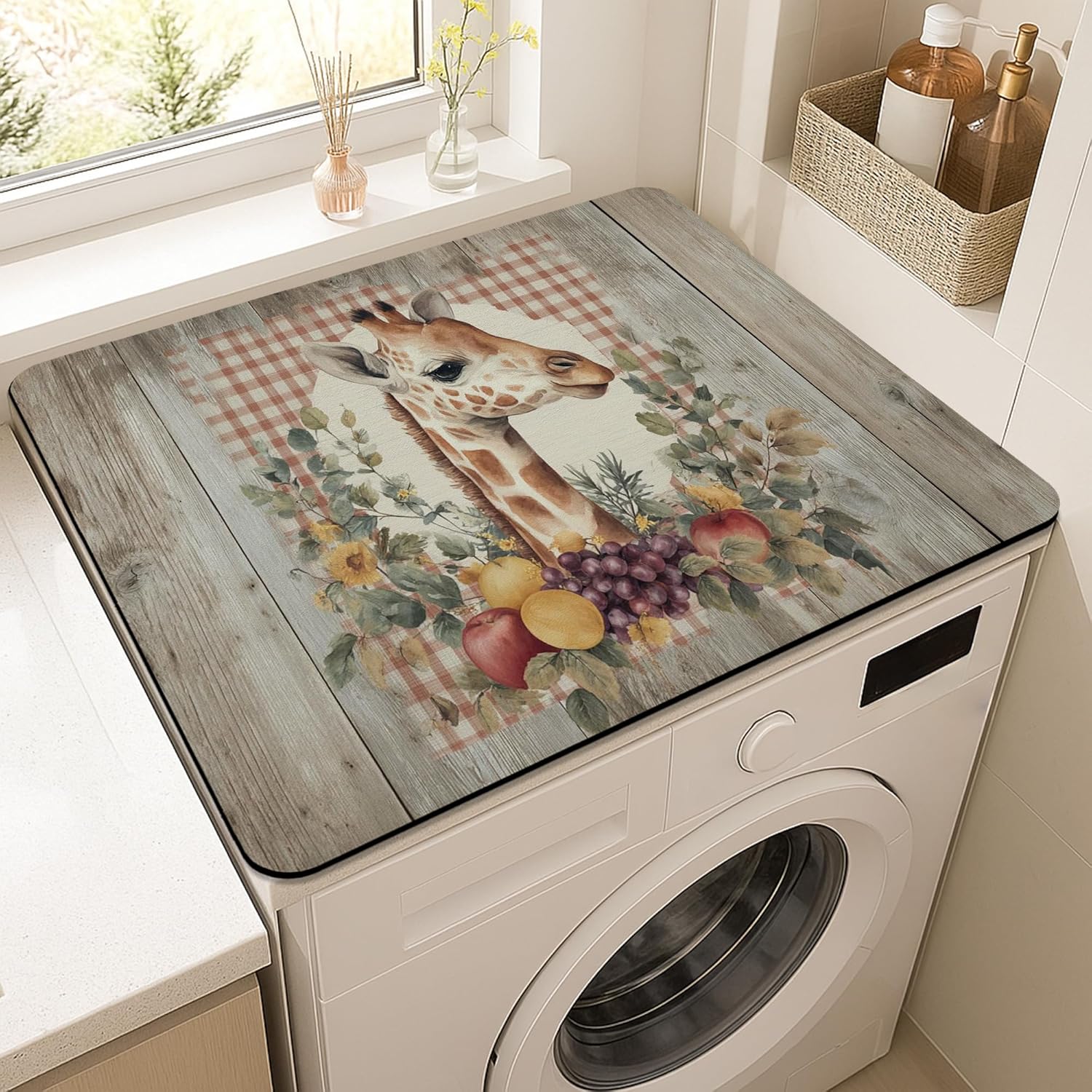 Giraffe Washer Dryer Top Protector Mat, Rustic Vintage Giraffe Floral Laundry Machine Covers, Autumn Decorative Rubber Anti-slip Waterproof Mats for Laundry Room 20x24 Inch