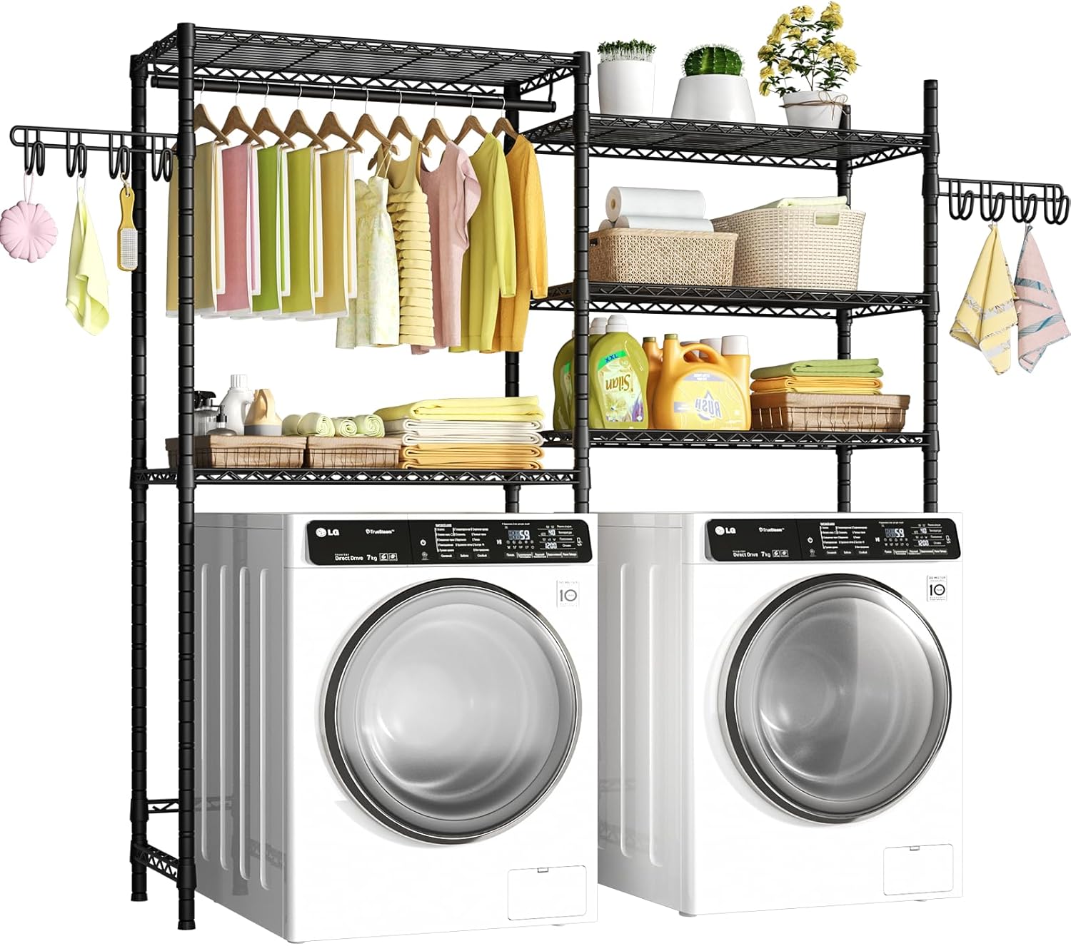 Ulif U5 Over the Washer and Dryer Storage Shelf, Laundry Room Space Saver Bathroom Storage and Organizer Rack for Hanging Towels and Drying Clothes with 5 Wire Shelves, 58.2