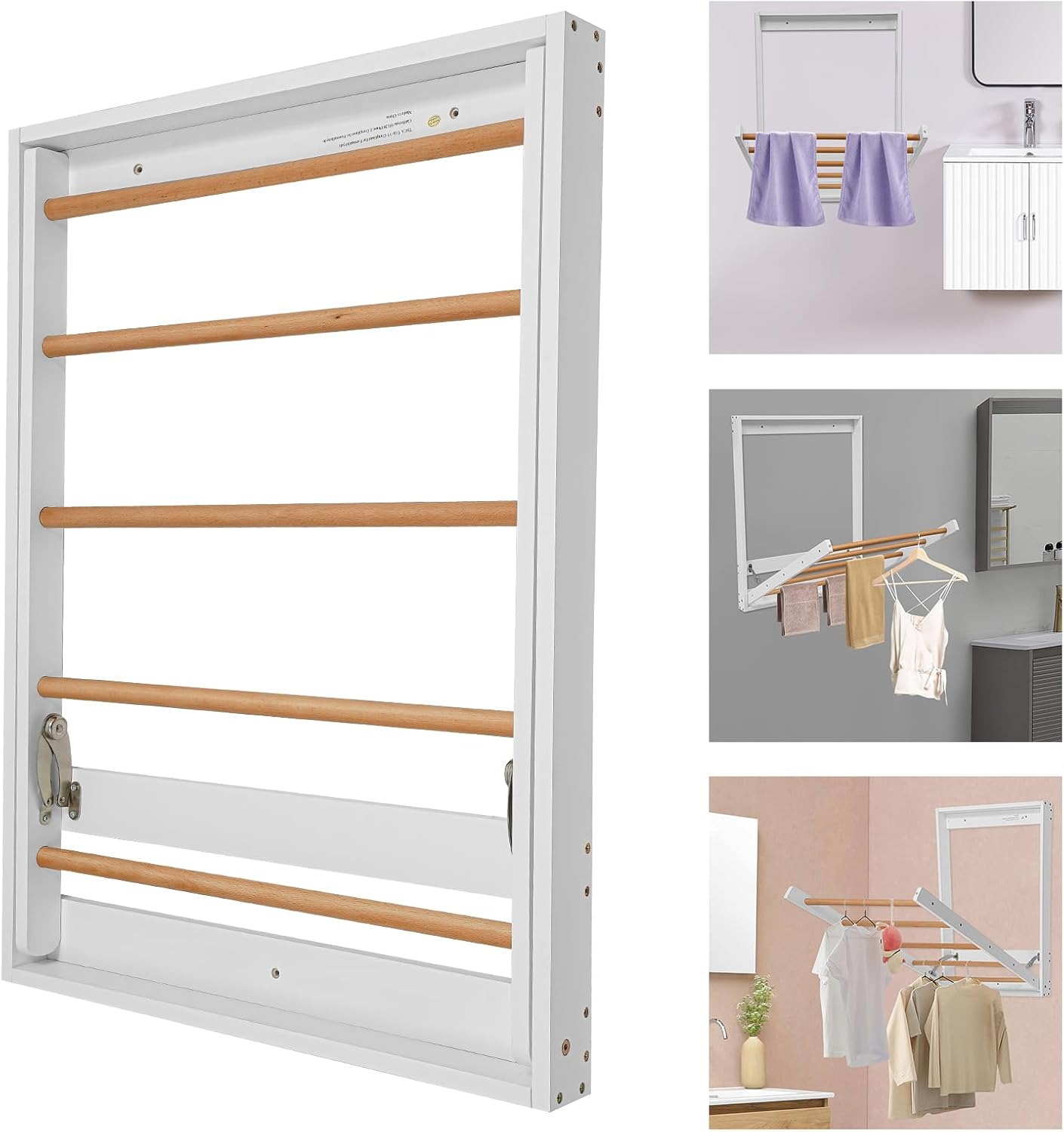 DouSeiAi Wall Mounted Clothes Drying Rack, Foldable Wooden Laundry Dryer with Drop-Down Design for Space Saving in Bathroom, Laundry Room, Balcony