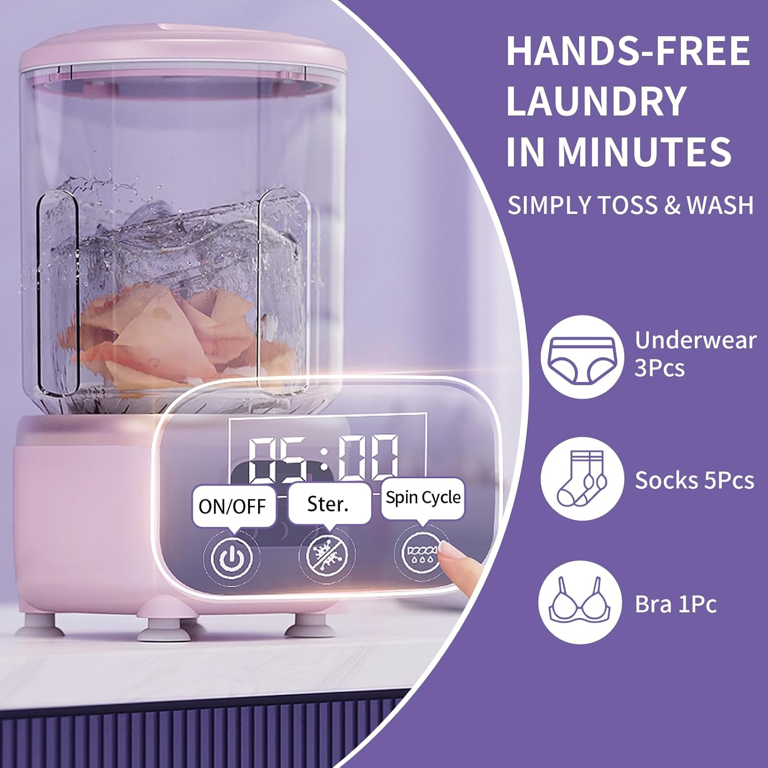 2-in-1 Underwear Washing Machine & Power Spin Dryer, BPA-free Portable Mini Washer, 2L Small Capacity for Socks, Baby Clothes, Travel, Dorm, Apartment, RV, Camp & Countertop Use (Lavender Mist)