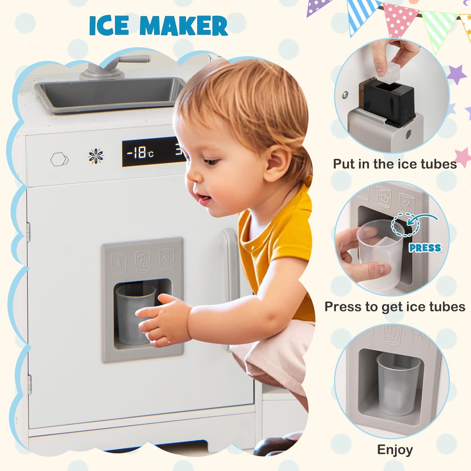 Costzon Corner Kids Kitchen Playset, Wooden Toy Kitchen Set w/Lights & Sounds Range Hood, Ice Maker, Pretend Telephone, Sink, Faucet, Microwave, Oven, Play Kitchen for Kids 3+ (White)