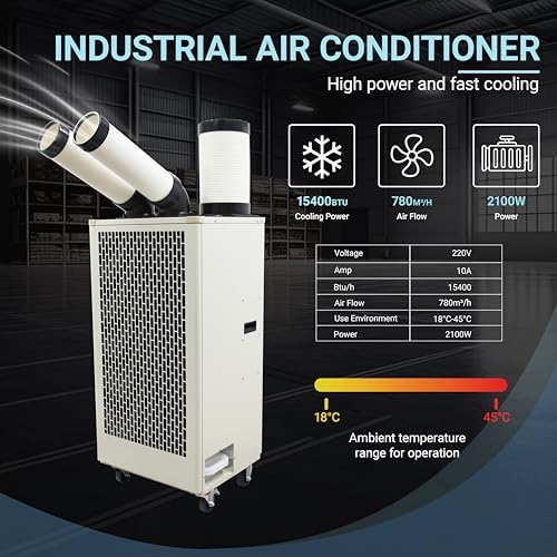 15400BTU/H Industrial Spot Cooler Air Conditioner Industrial Air Conditioner with 2.1Gal Water Tank Portable Mobile Spot Cooler Double Ducts 2.1KW 220V Beige