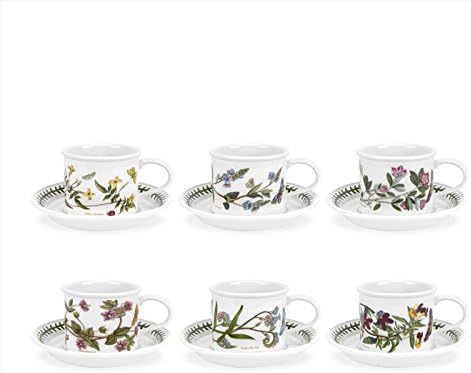 Portmeirion Botanic Garden 7oz Teacup & Saucer (Set of 4) - Poppy Motif, Drum Shaped Porcelain Tea Set, Chip-Resistant Glaze - Dishwasher, Microwave, Freezer, Oven Safe - Floral Afternoon Tea