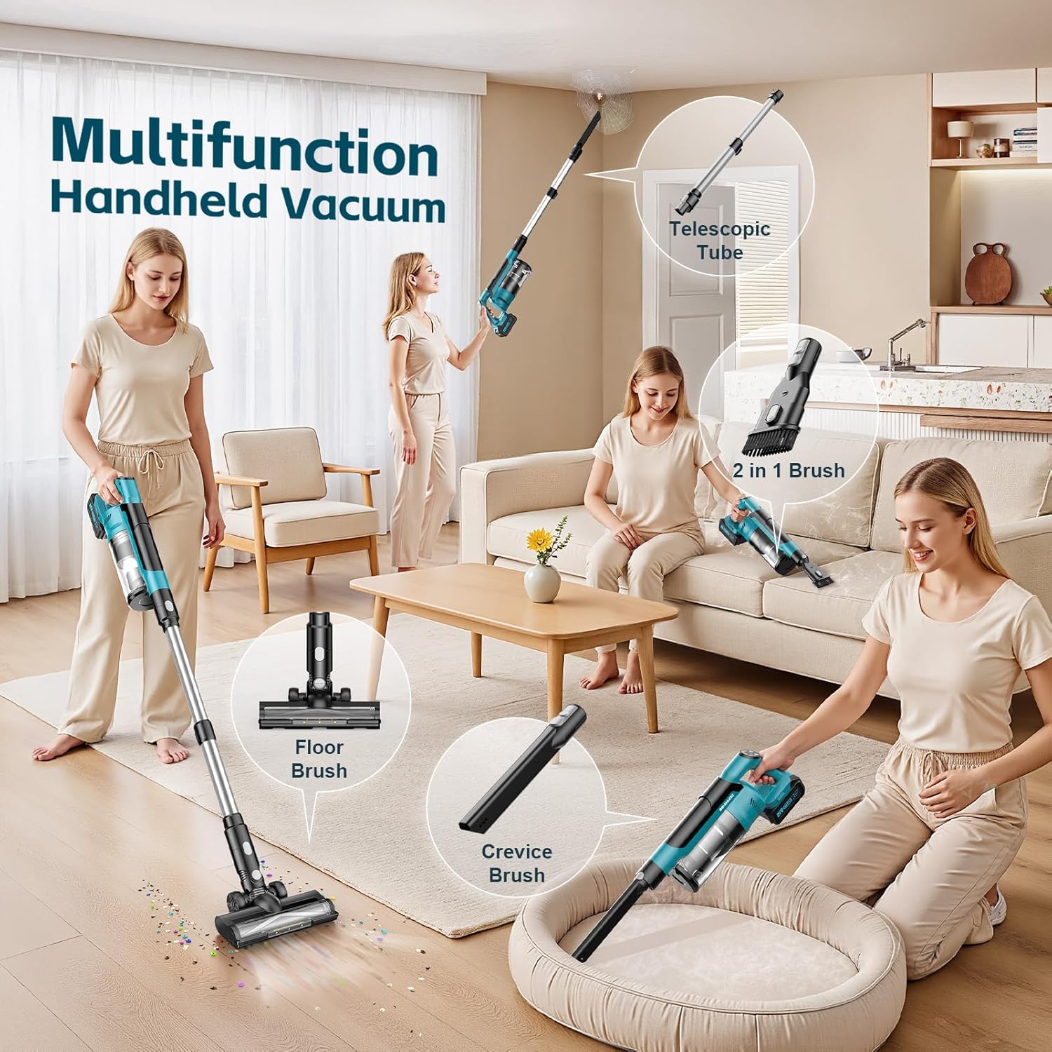 Cordless Vacuum Cleaner with 2 * 4000mAh Batteries, 700W 60Kpa Vacuum Cleaners for Home, 6 in 1 Cordless Stick Vacuum Clearner, Brushless Motor with Led Display for Hard Floors Carpet Pet Hair