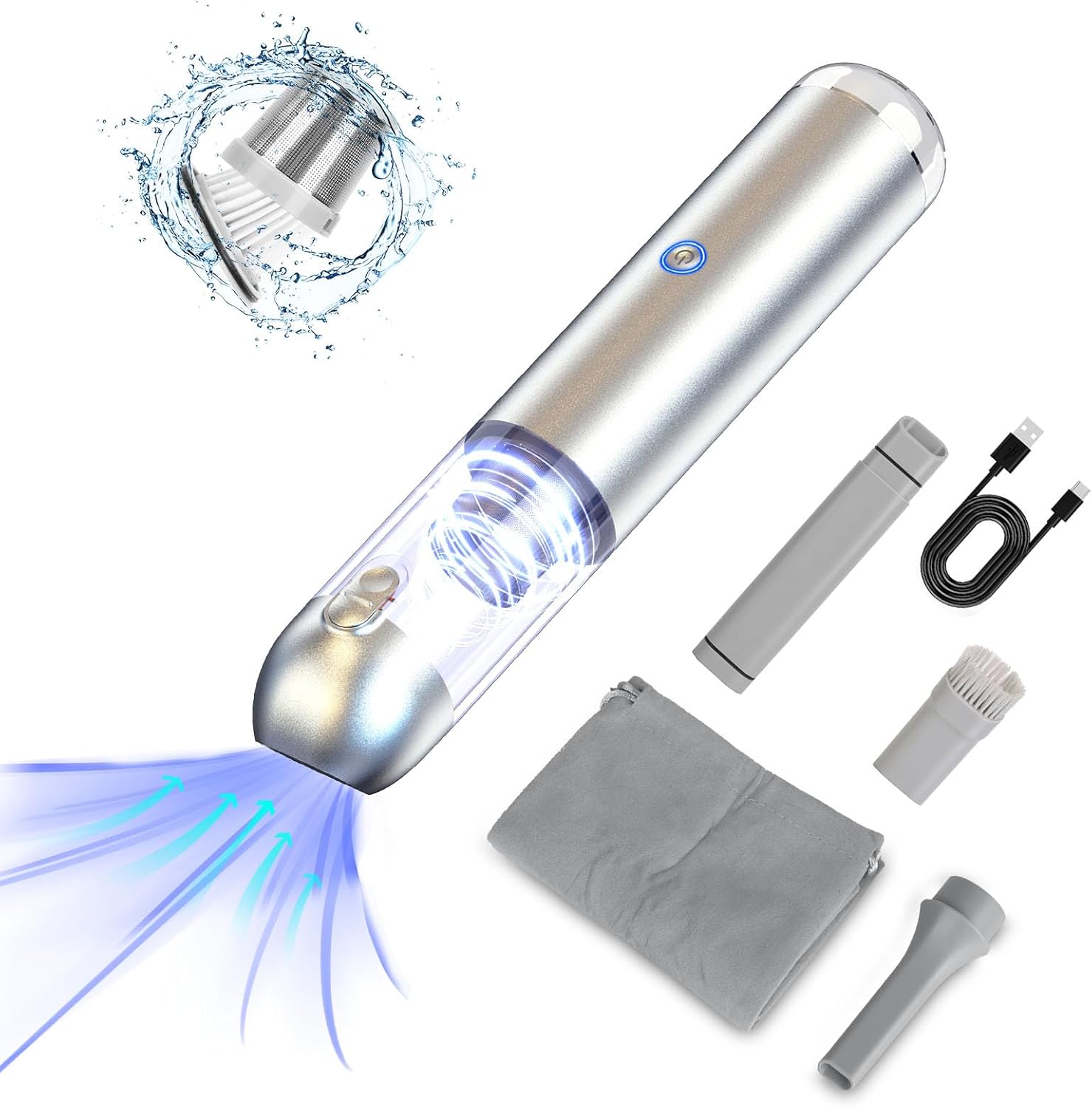 KOCASO Handheld Car Vacuum Cleaner 16000 Pa Powerful Suction with 2 Speeds High Efficiency Air Filter LED SOS Light，Rechargeable Lightweight Cordless Vacuum Cleaner for Car Office Home Keyboard