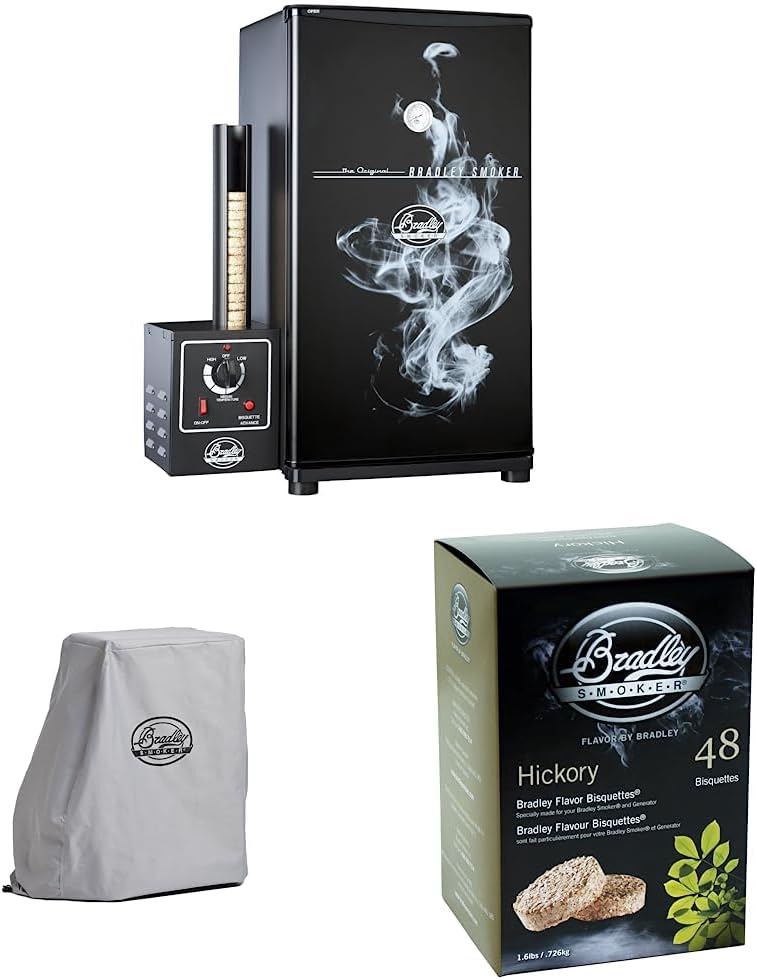 Original Bradley Smoker BS611 4-Rack Natural Draft Vertical Electric Smoker & 990025 Waterproof Electric Smoker Cover For 4-Rack Digital Smoker, Gray & Bisquettes BTHC48, 48 Pack