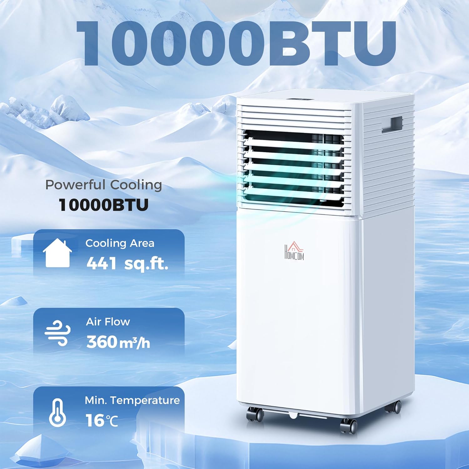 HOMCOM 10000 BTU Mobile Portable Air Conditioner for Rooms Up to 441 Sq.Ft., 3-in-1 AC Unit with Dehumidifier, Cooling Fan, Remote, 24H Timer, LED Display, Window Installation Kit, White