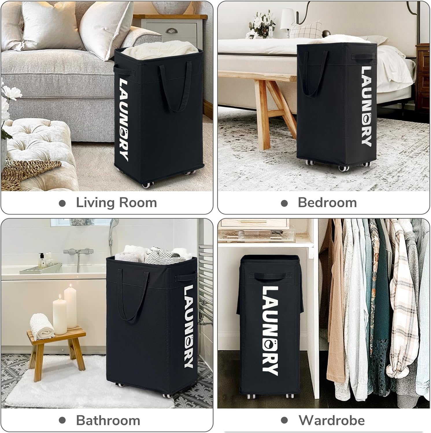 CHICVITA 2 Pack Laundry Hamper with Wheels & Removable Wash Bags, 75L Tall Laundry Basket for Dorms, Large Collapsible Hamper for Corner Spaces - Black