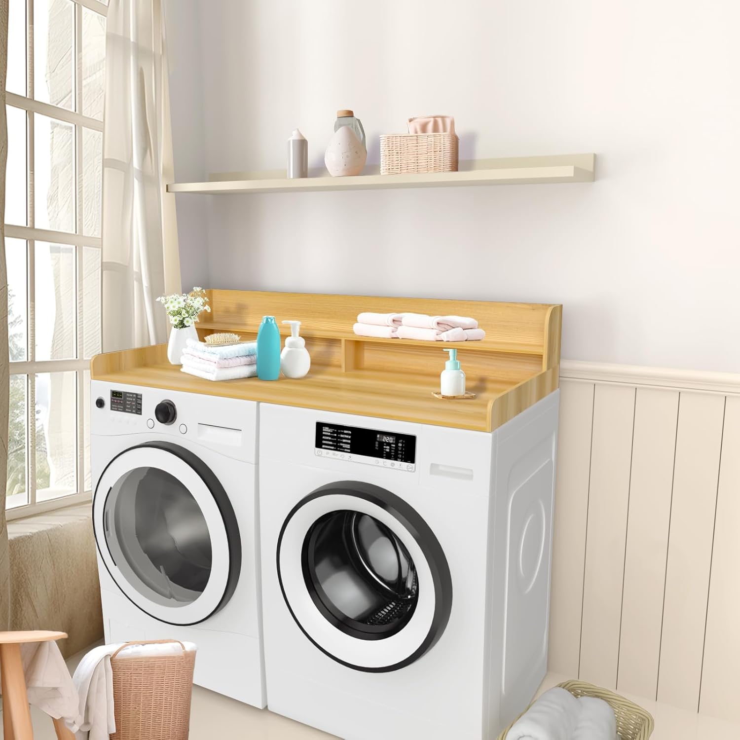 2-Tier Washer and Dryer Countertop Shelf, White Laundry Topper with Non-Slip Pads, Laundry Room Storage & Organization for Small Apartment Kitchen