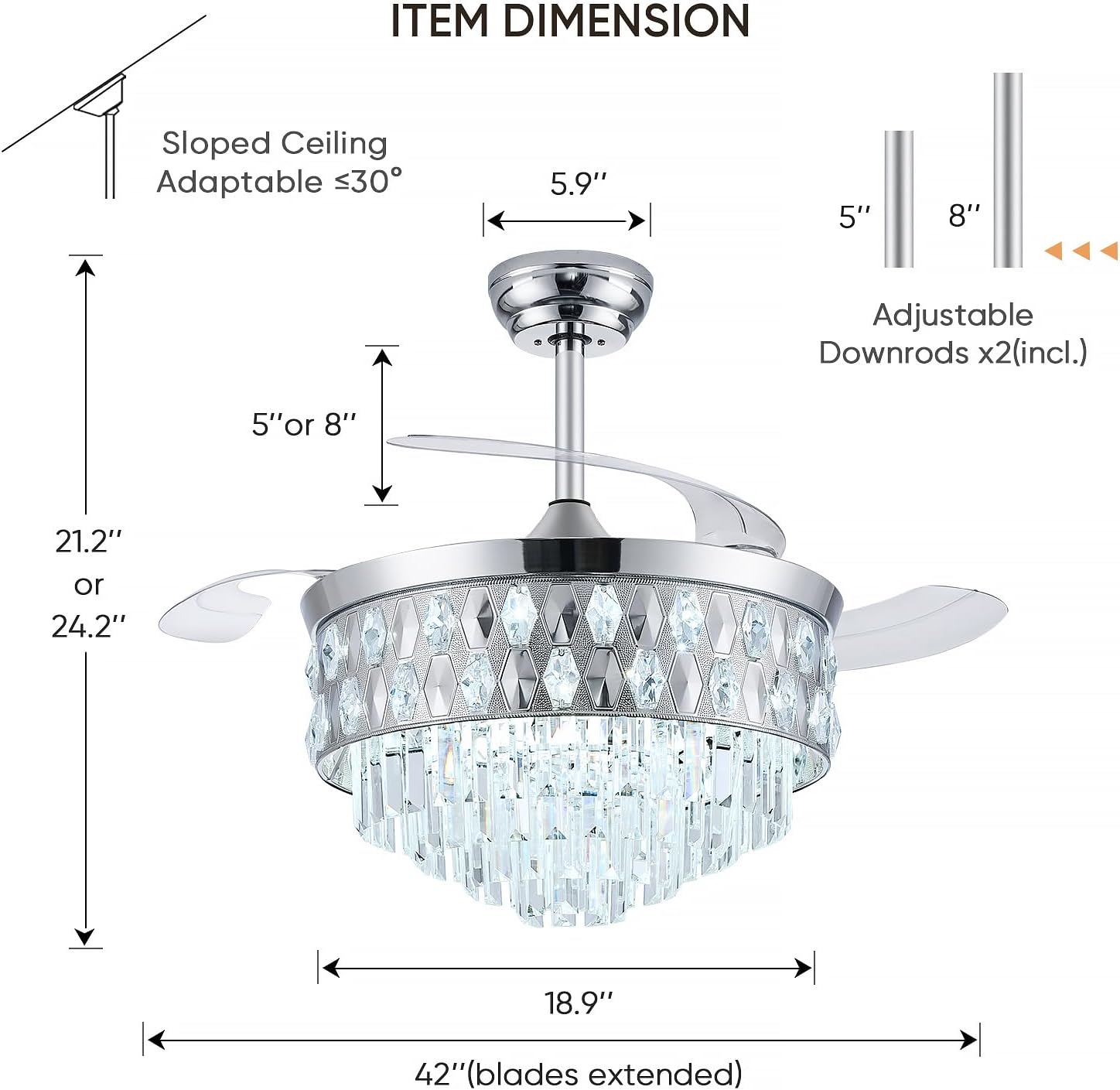42 Inch Fandelier Ceiling Fan with Light, Chandelier Fan for Bedroom Living Room, Retractable Ceiling Fan with Lights, 6 Wind Speeds, LED Dimmable, Memory and Timing Function-Chrome