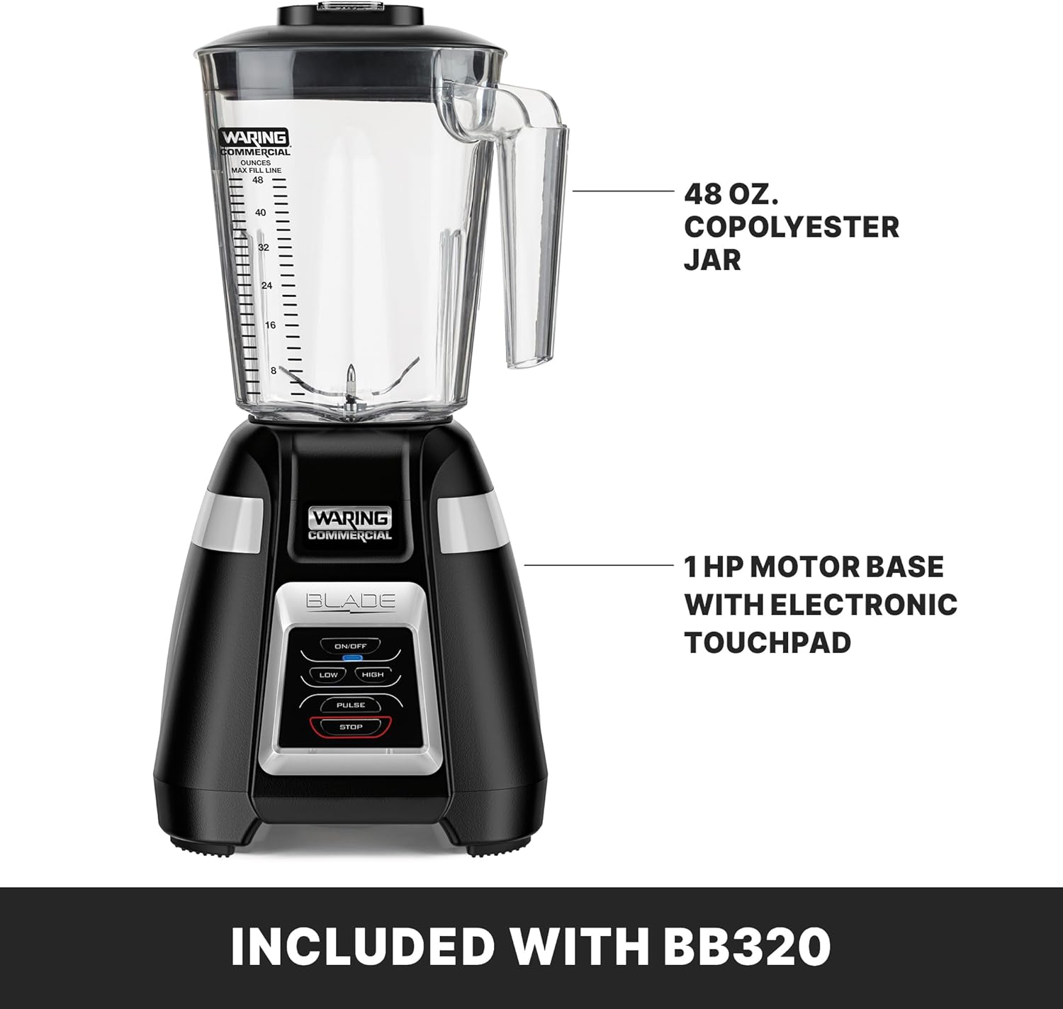 Waring Commercial BB320 Blade 1 HP Blender, Toggle Switch Controls with Pulse feature, 48 oz BPA Free Copolyester Stacking Container, 120V, 5-15 Phase Plug Black