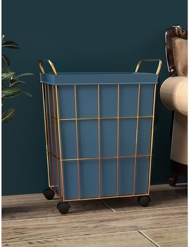 Laundry Basket Iron Wire Laundry Hamper on Wheels Rolling Laundry Basket w/Leather Liner Bag & Handle Gold Metal Frame Laundry Sorter for Bedroom Balcony (White 38x28x54cm) (Blue 38x28x54cm)