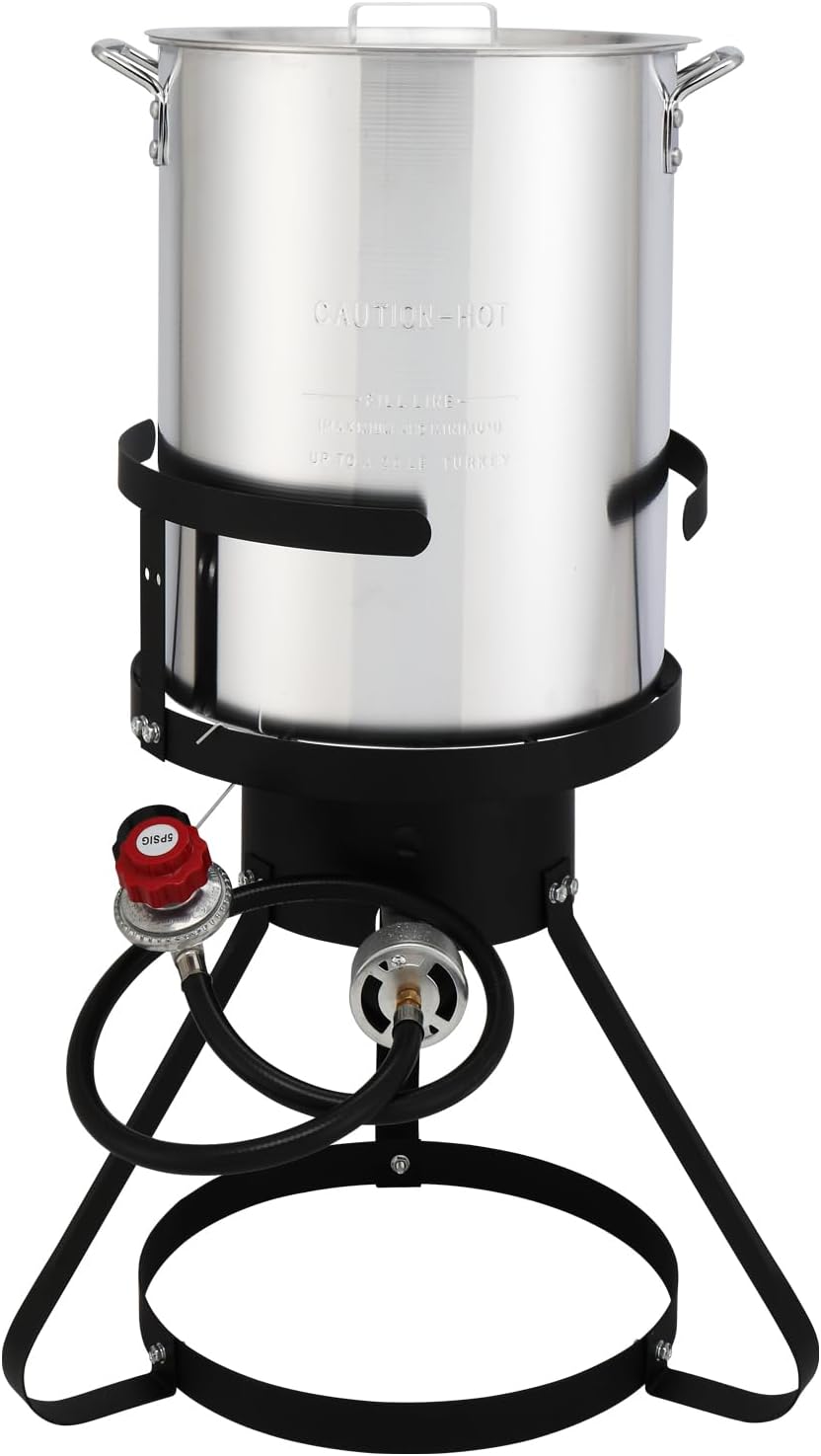 13 * 32inch Four-Piece Set, Black Round Iron Stove Frame, Silver Aluminum 30qt Turkey Pot 10qt Fish Pot, Gas Fryer